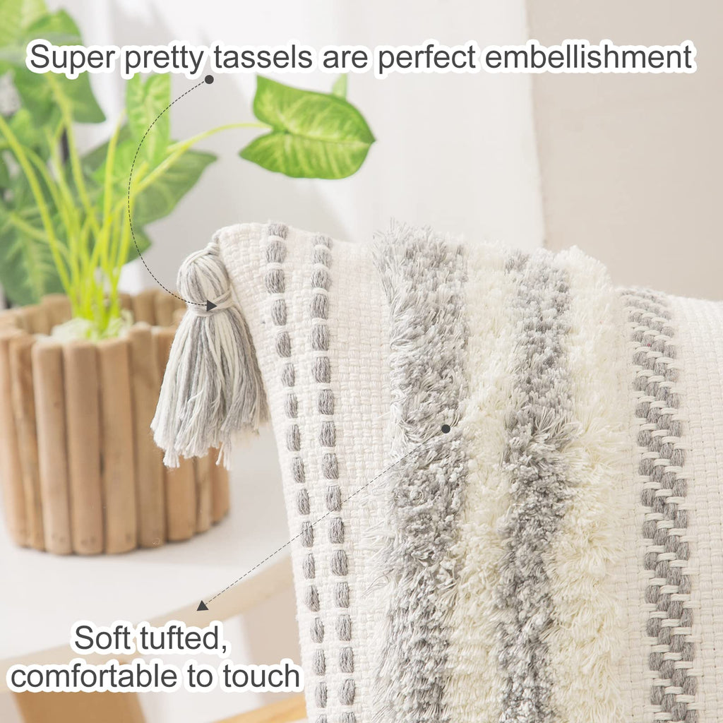 decorUhome Boho Grey Cushion Covers – Set of 2 Tufted Tassel Pillow Cases