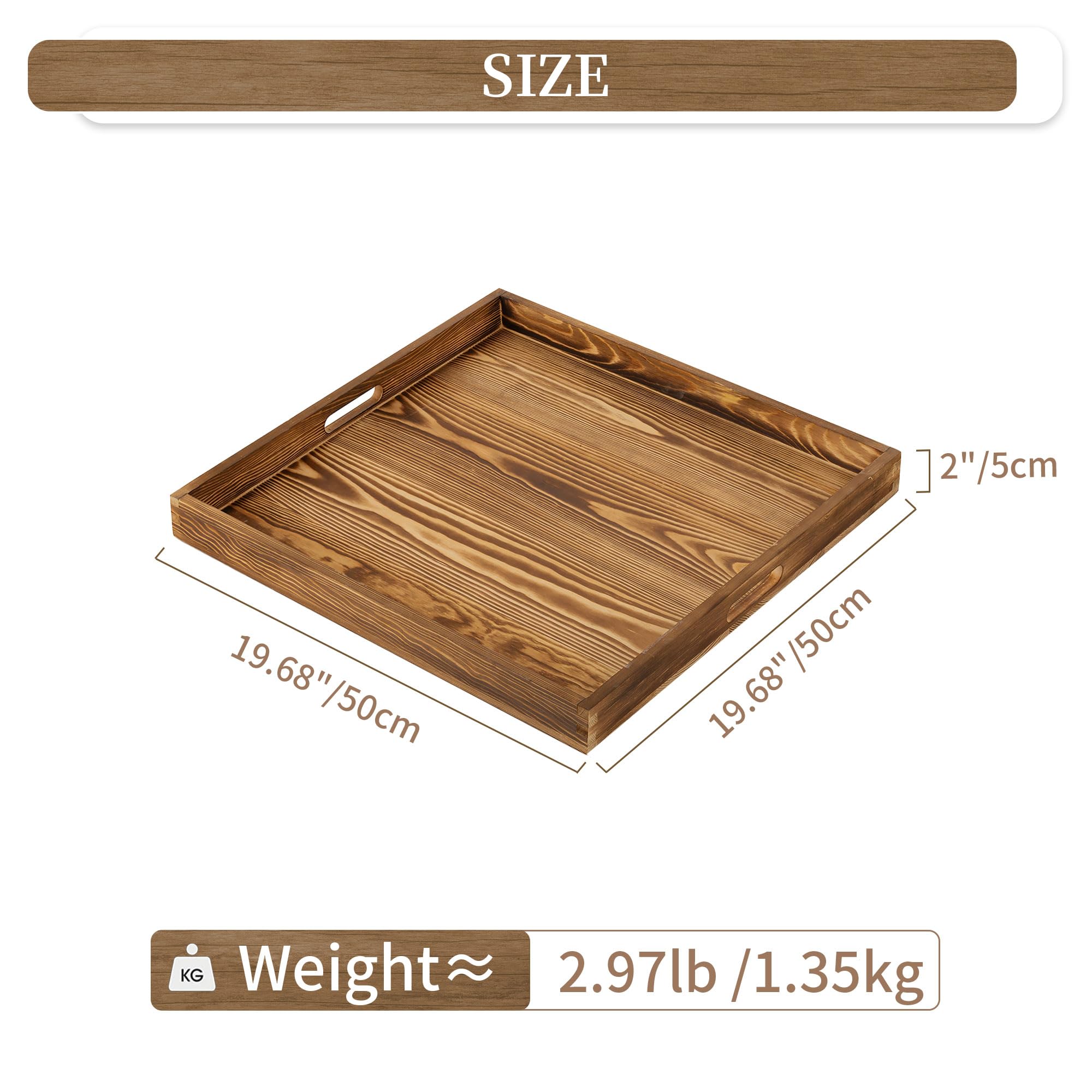 Hanobe Square Large Ottoman Tray – Rustic Wood Serving Tray with Handles