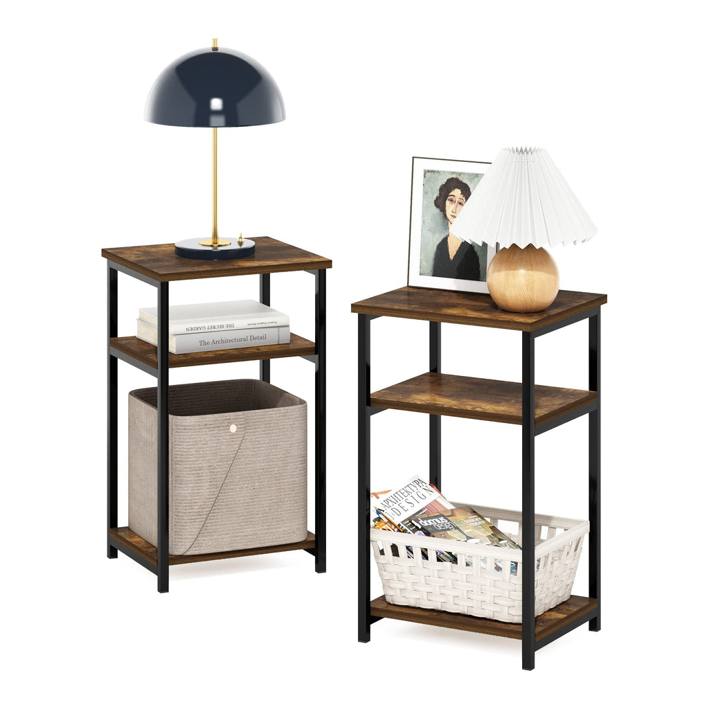 Furinno JUST Side Table Set of 2, 3-Tier Metal Frame End Table with Open Shelf, Night Stand, Bedside Table, for Living Room, Bedroom, Amber Pine - image 1