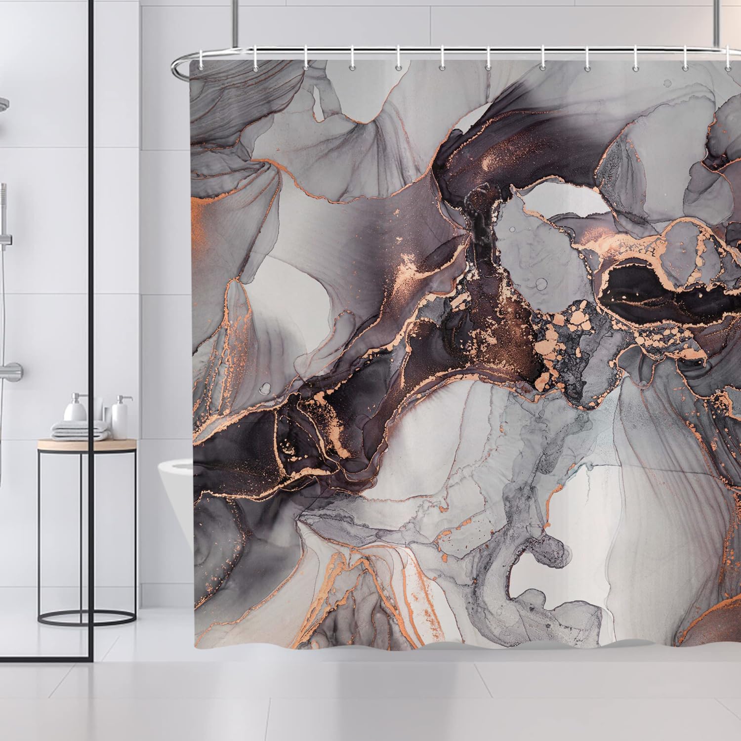 Jolof Store Marble Shower Curtain – Modern Black Gold Abstract Polyester