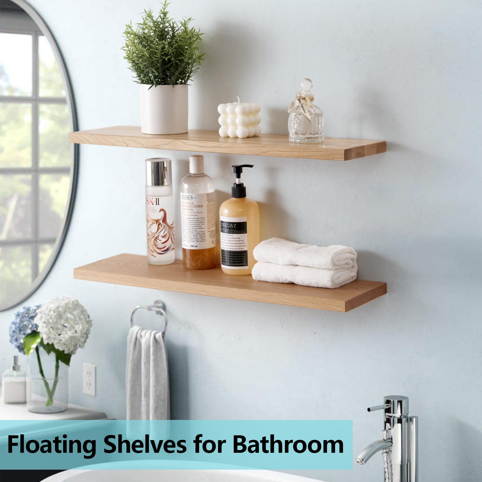 Gieanoo 60cm Solid Oak Wood Floating Shelf | Rustic Wall Mounted Ledge