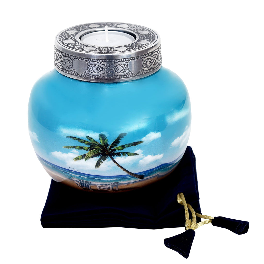 HLC Blue Palm Tree Cremation Urn – Handcrafted Aluminum Memorial Urn