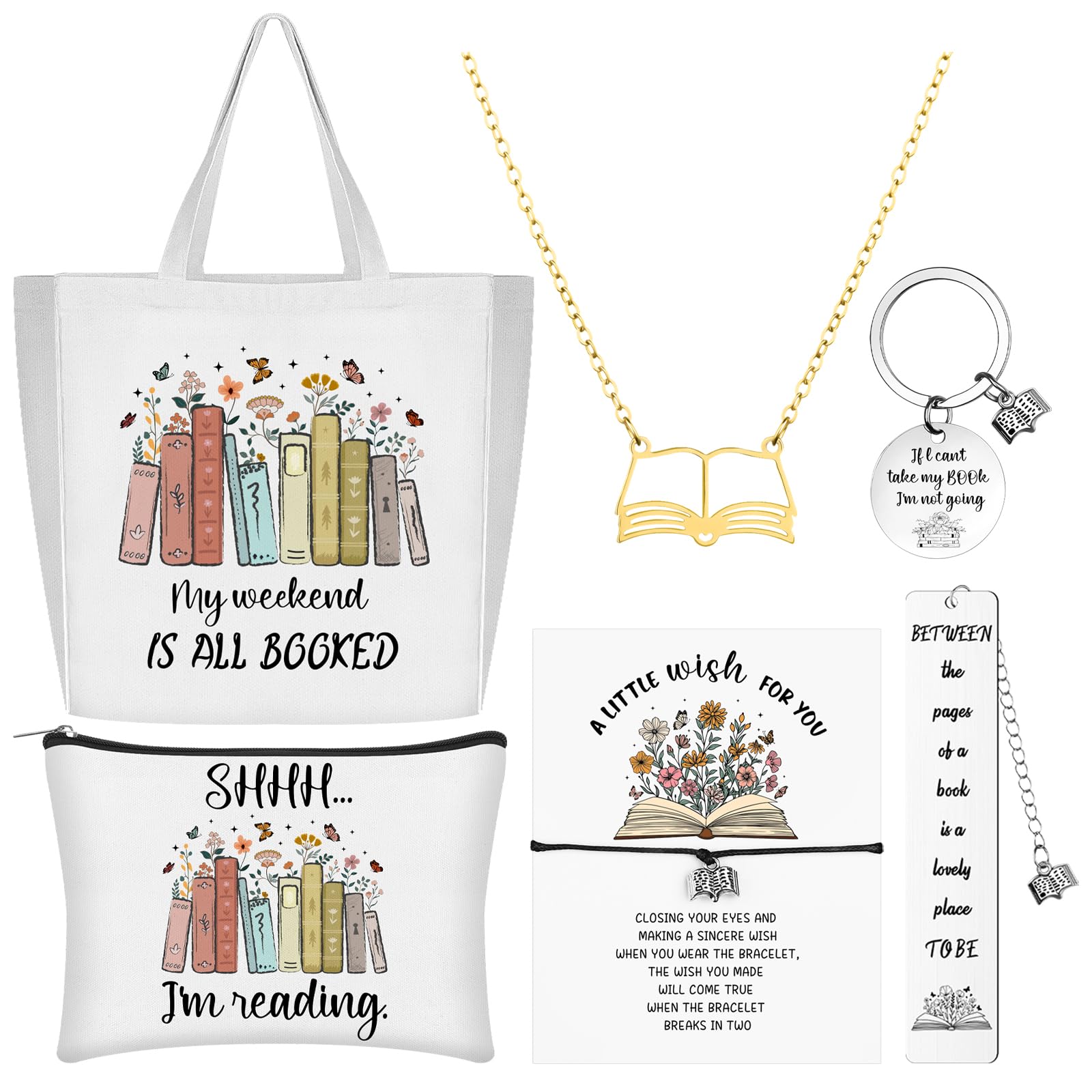 HAOWANWW 7-Piece Book Lover Gift Set - Canvas Tote Bag & Jewelry