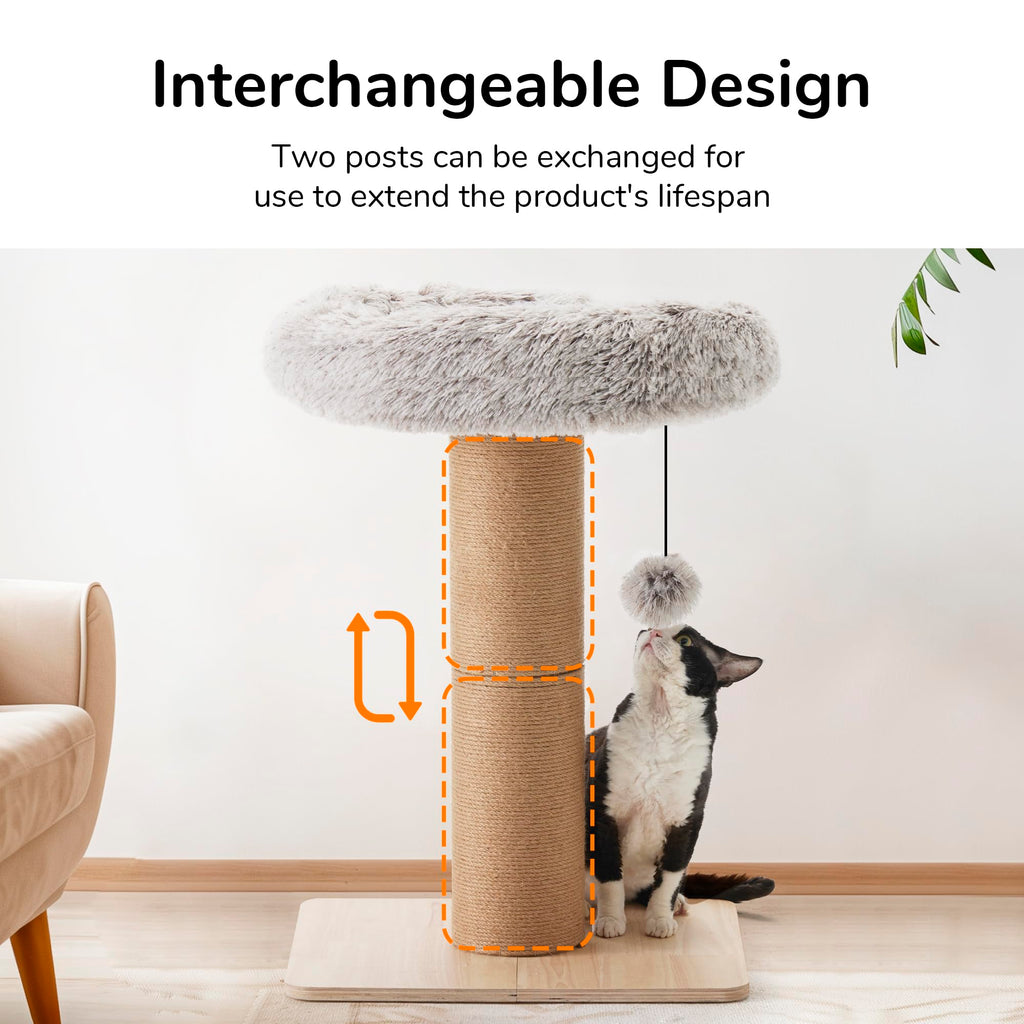 FUKUMARU Cat Scratching Post with Bed | Solid Wood Jute Cat Tower