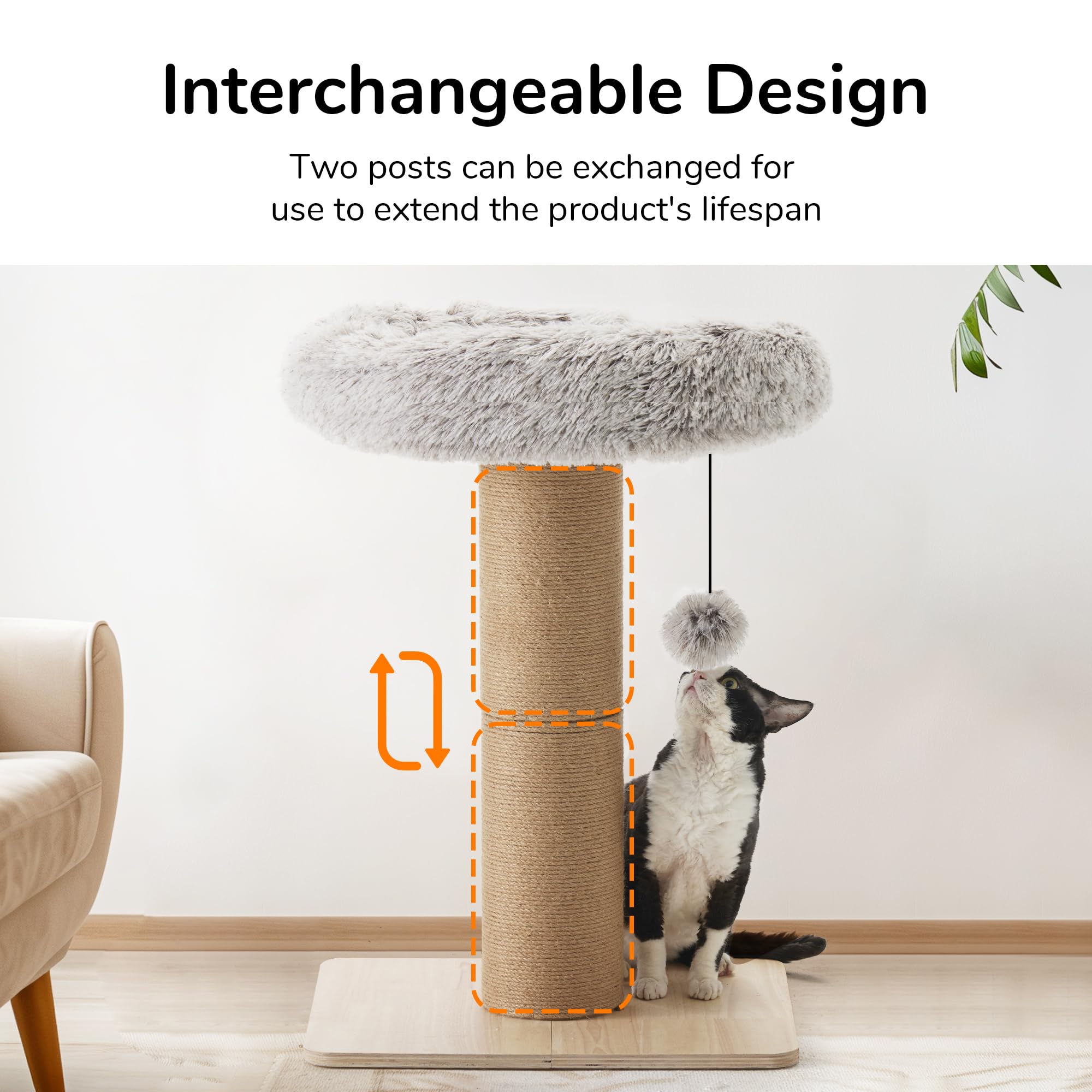 FUKUMARU Cat Scratching Post with Bed | Solid Wood Jute Cat Tower