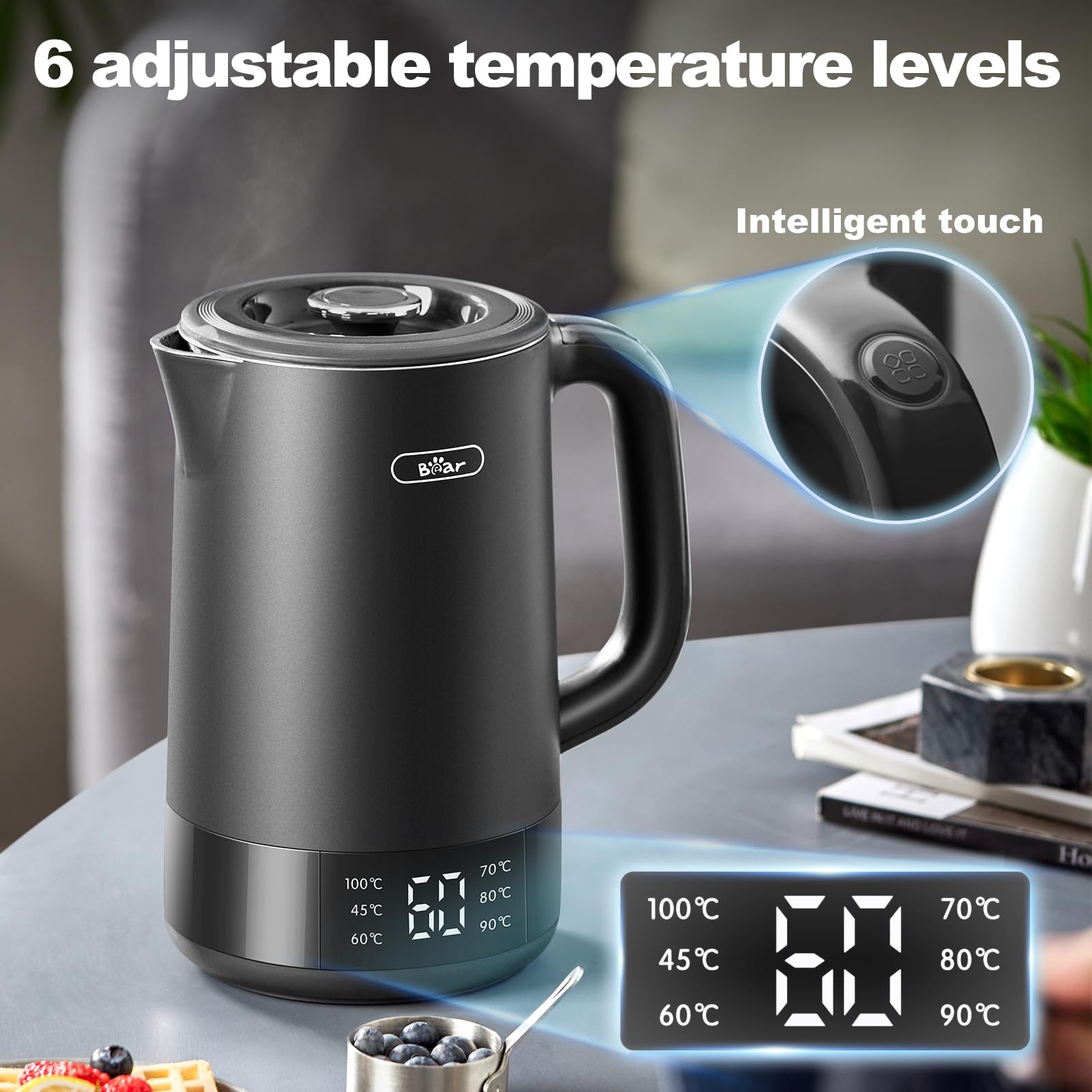Bear 1.7L Electric Kettle – 6 Temperature Settings & Stainless Steel