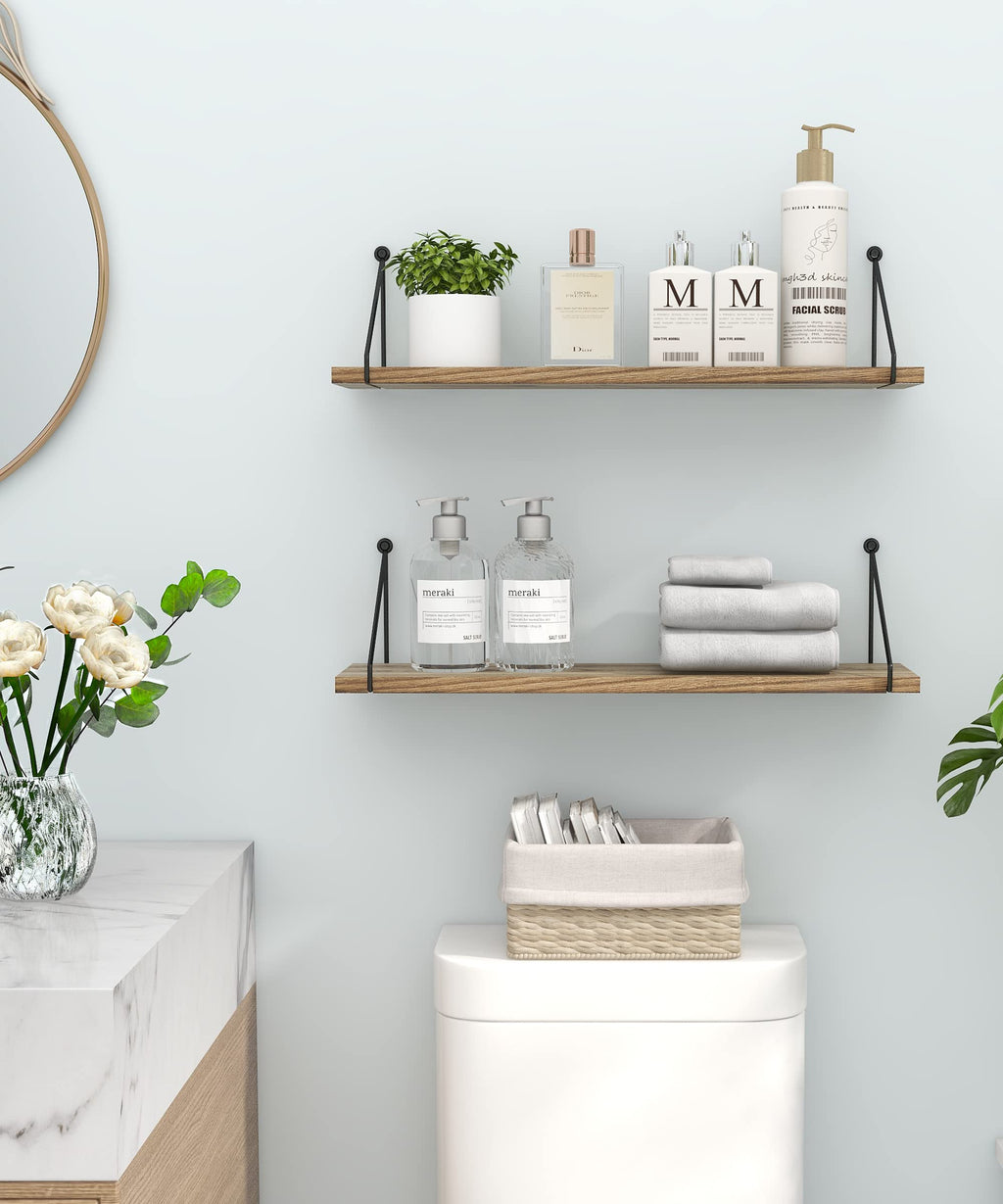 SUMGAR 60cm Rustic Wood Floating Shelves - Set of 2 Wall Storage Racks