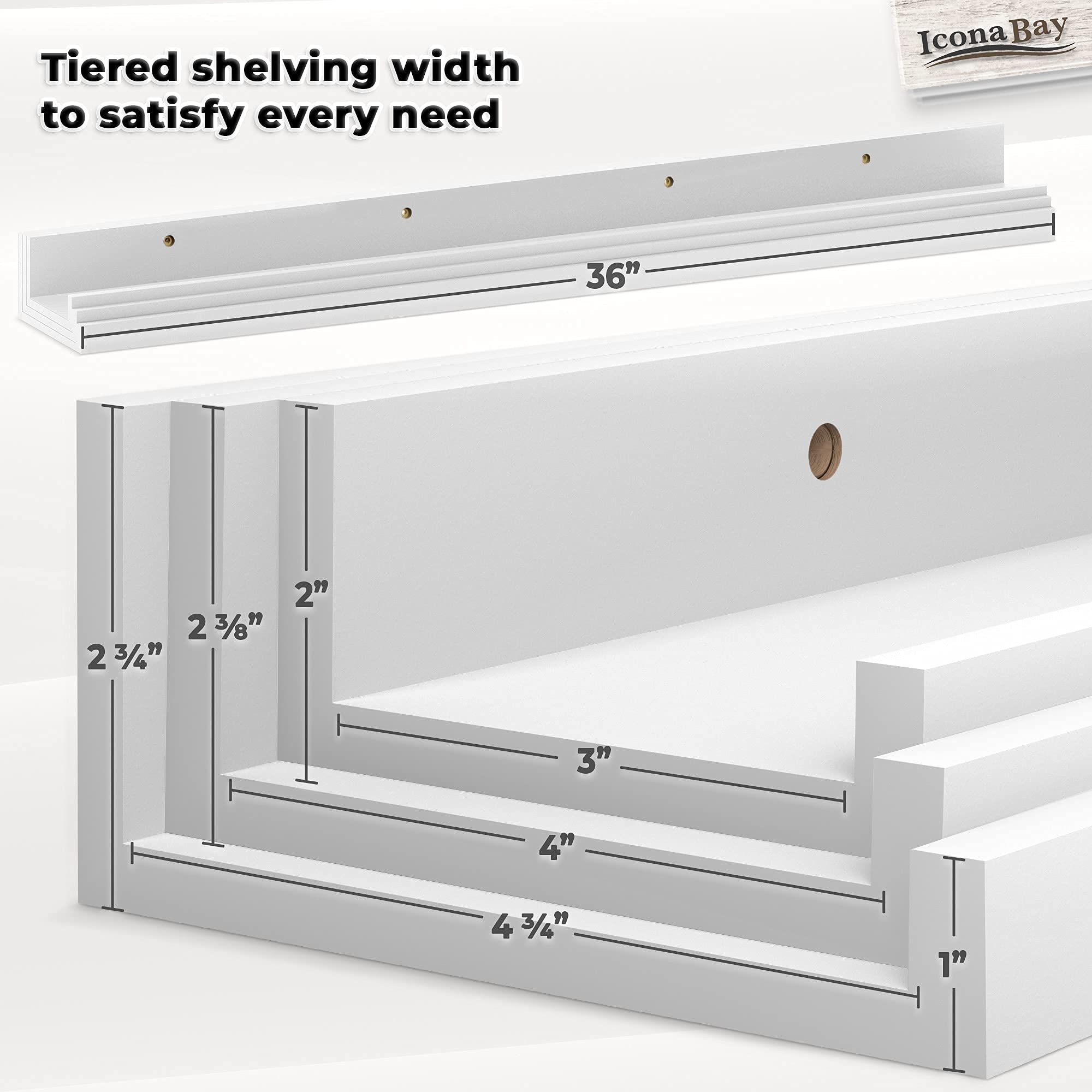 Icona Bay 36" Floating Shelves, Set of 3 – Powder White Picture Ledges