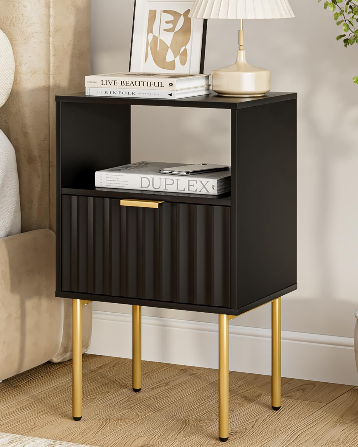 Apetaccat Modern Wooden Bedside Table with Gold Frame and Drawer