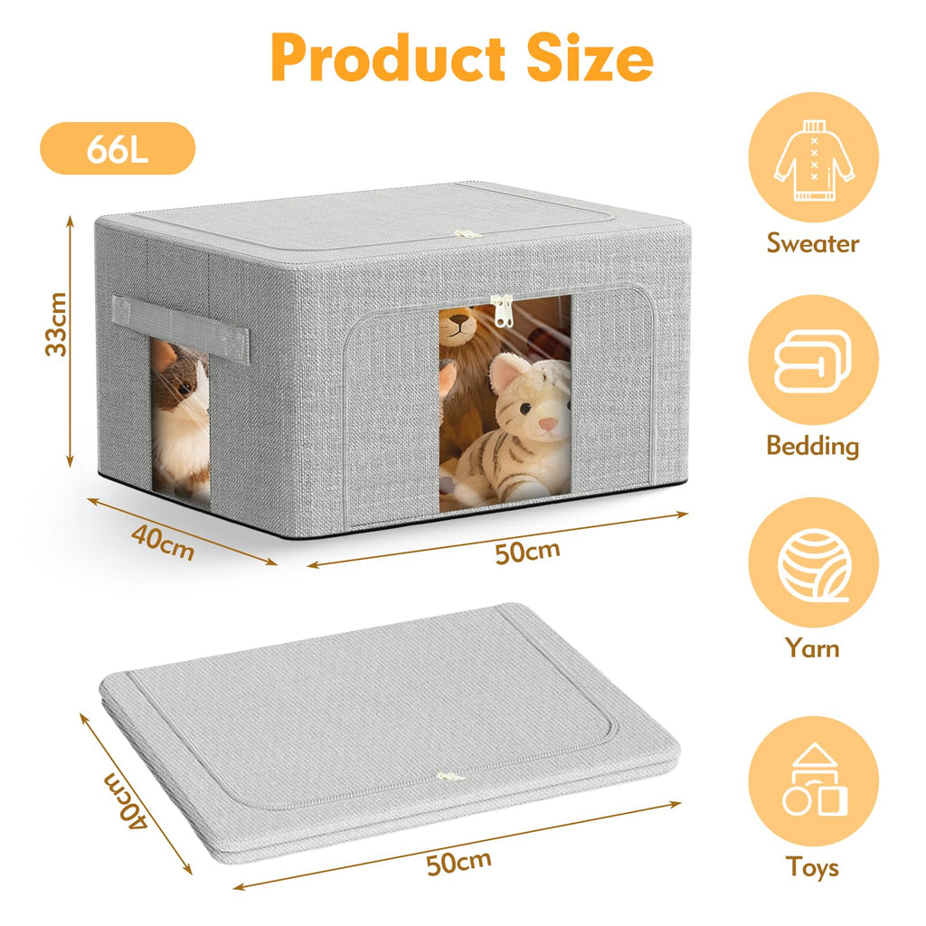 AIOR 2PCS 66L Clothes Storage Bags with Metal Frame, Foldable Fabric Storage Boxes with Clear Windows for Blankets Bedding Comforters - image 2