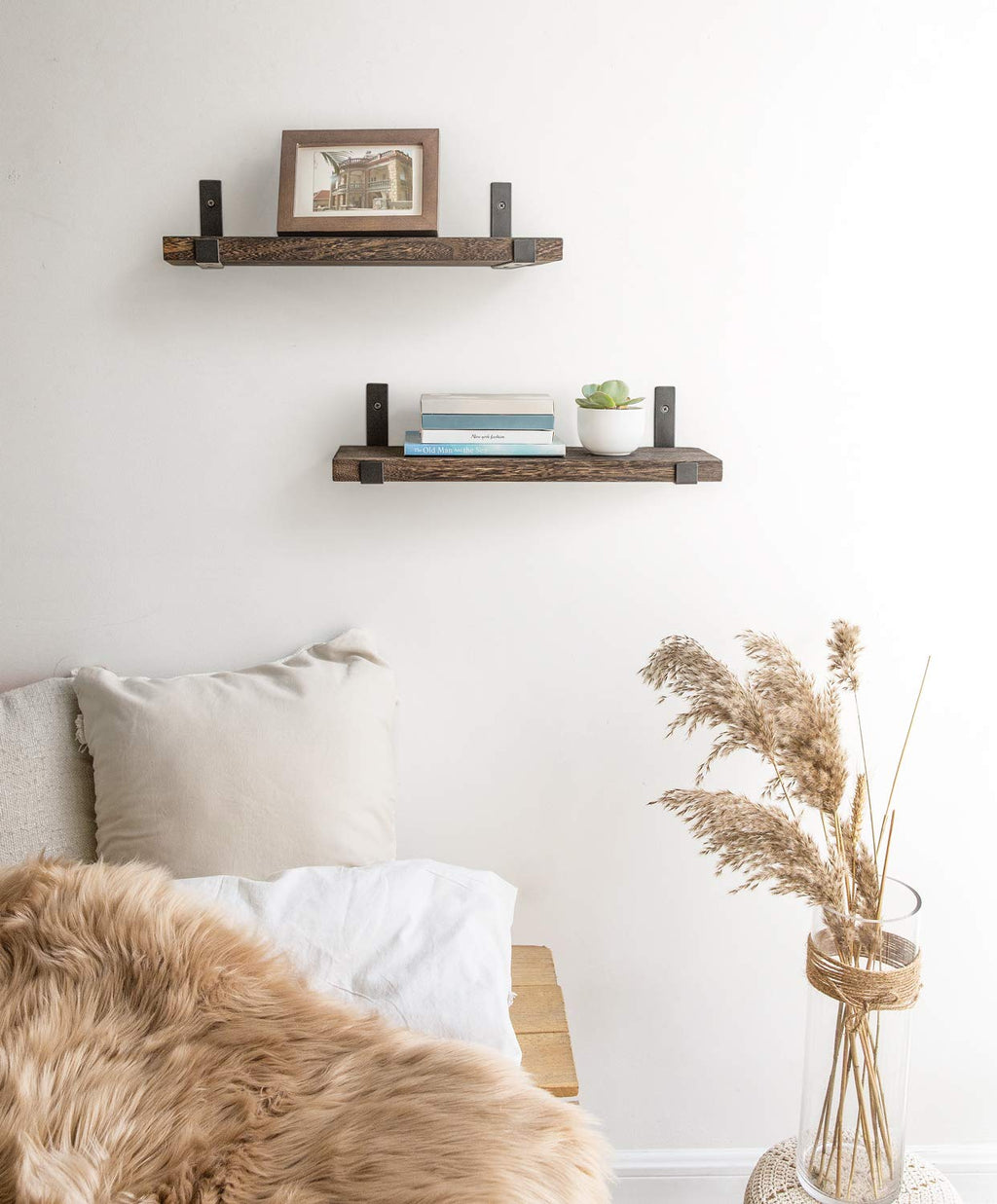 Mkouo Rustic Floating Shelves – 60cm Paulownia Wood Wall Mount, Set of 2