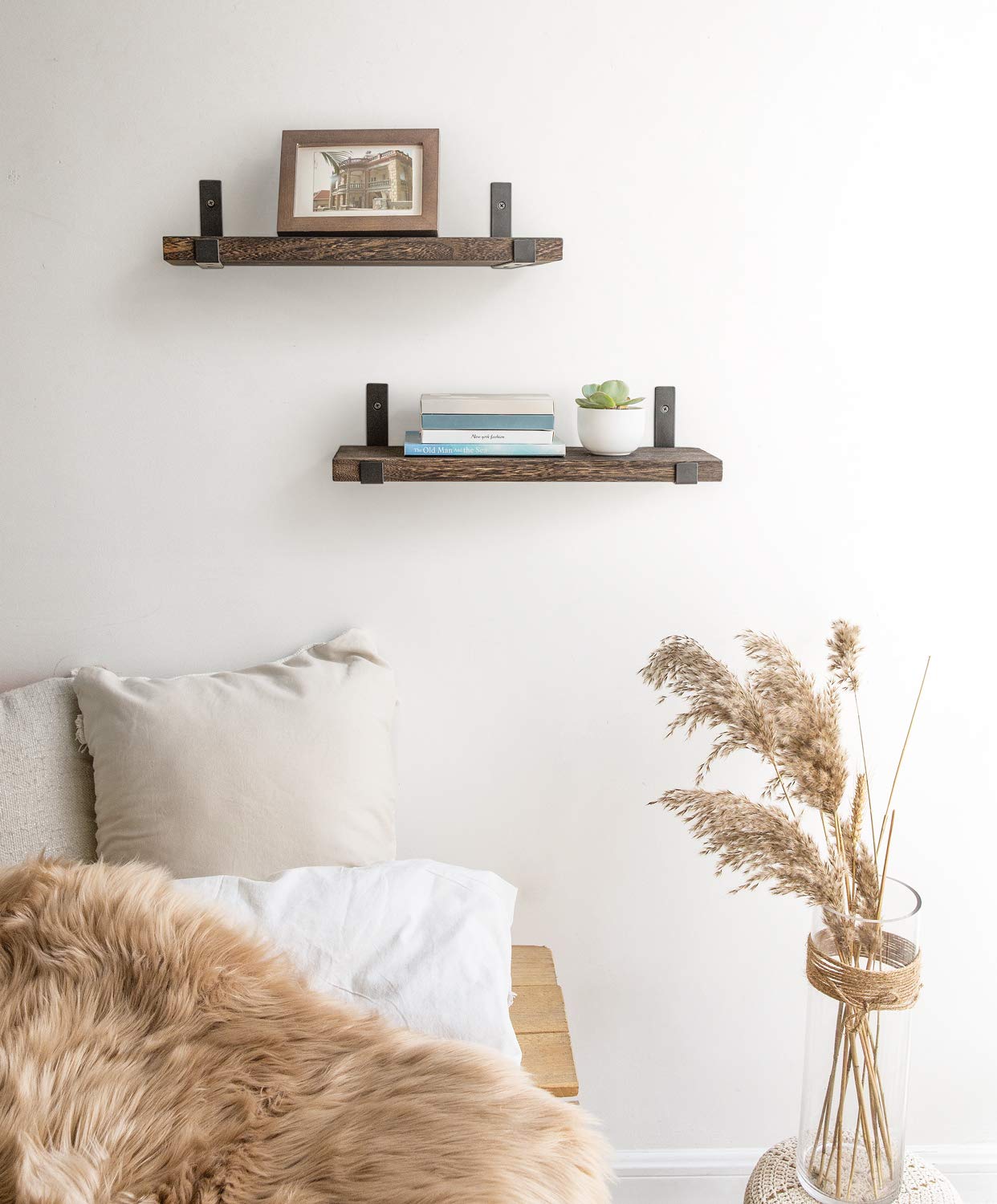 Mkouo Rustic Floating Shelves – 60cm Paulownia Wood Wall Mount, Set of 2