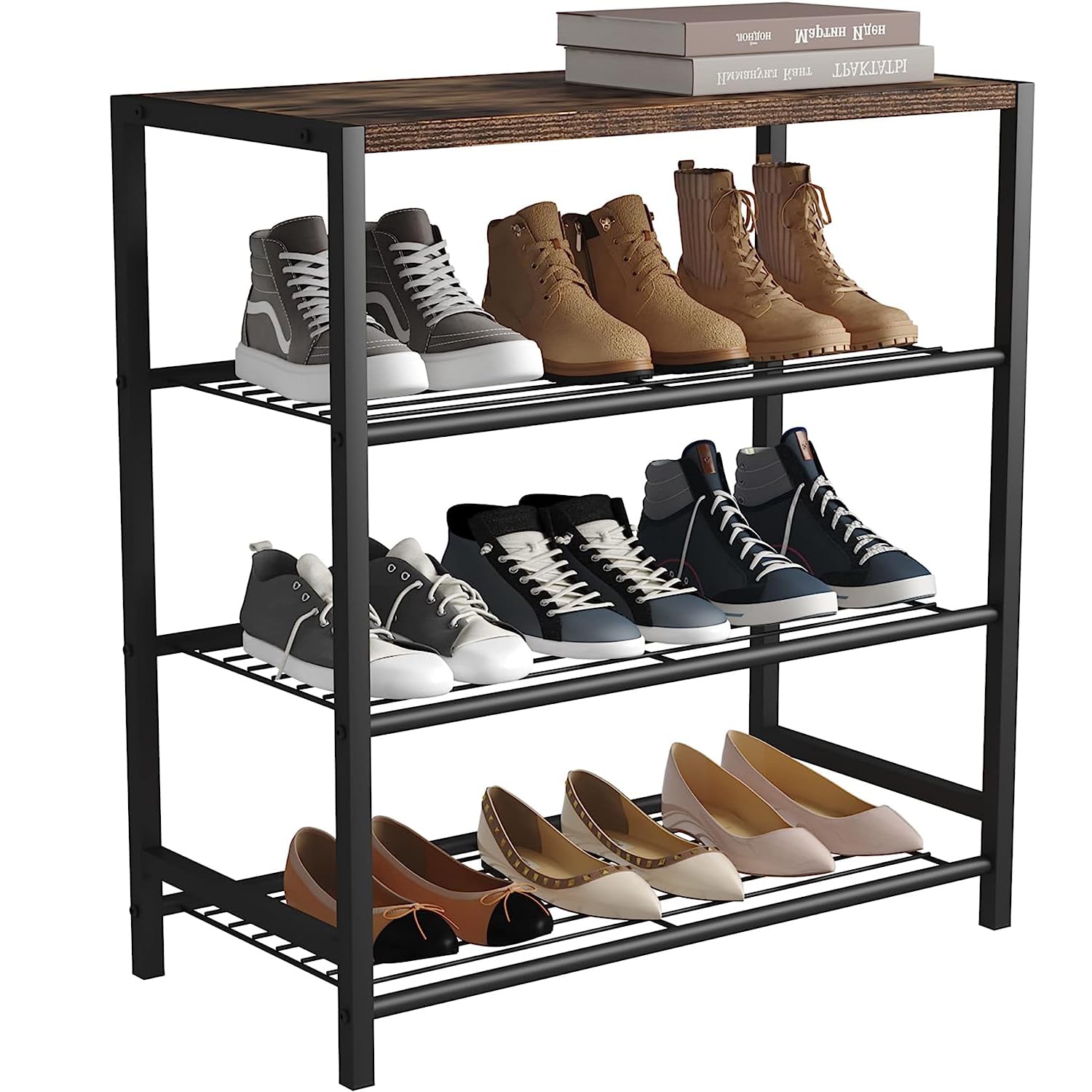 HOME BI 4-Tier Industrial Shoe Rack – Metal Storage Shelf with MDF Top