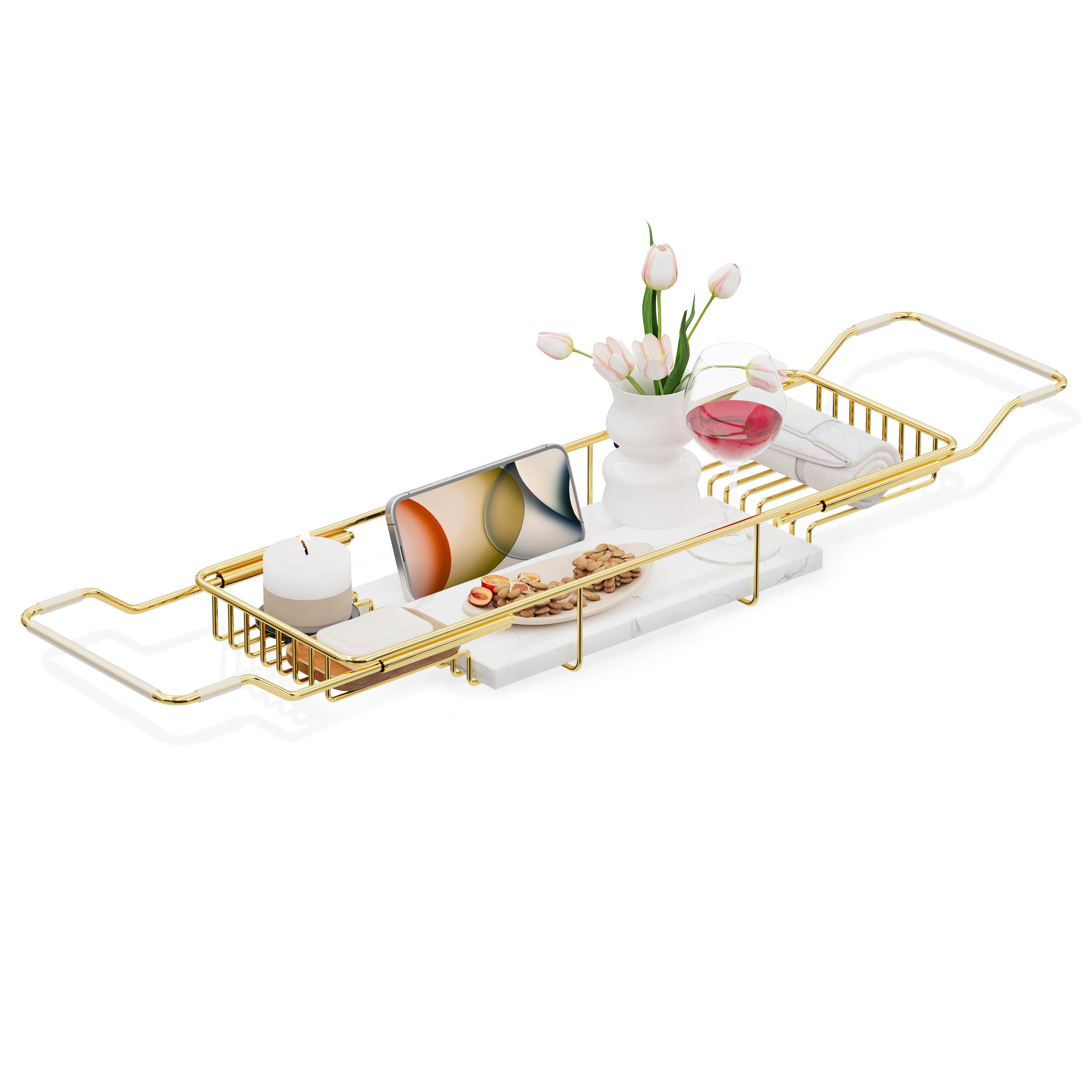 BVL Gold Stainless Steel Bath Tray | Adjustable Marble Bath Caddy