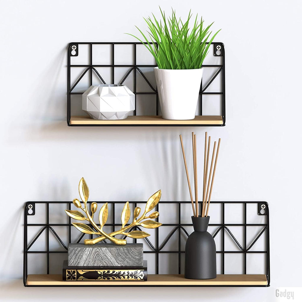 Gadgy Floating Wall Shelves – 2-Piece Rustic Wood & Black Metal Set