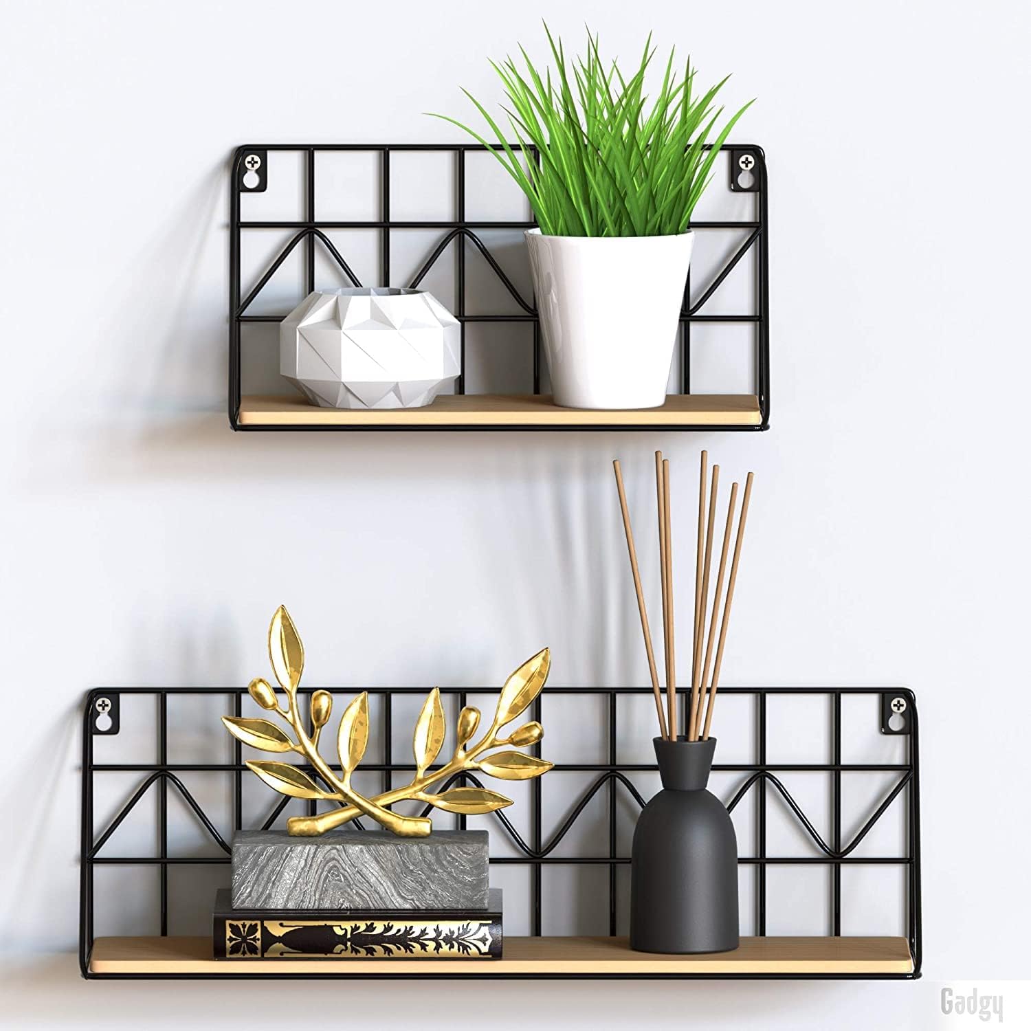 Gadgy Floating Wall Shelves – 2-Piece Rustic Wood & Black Metal Set