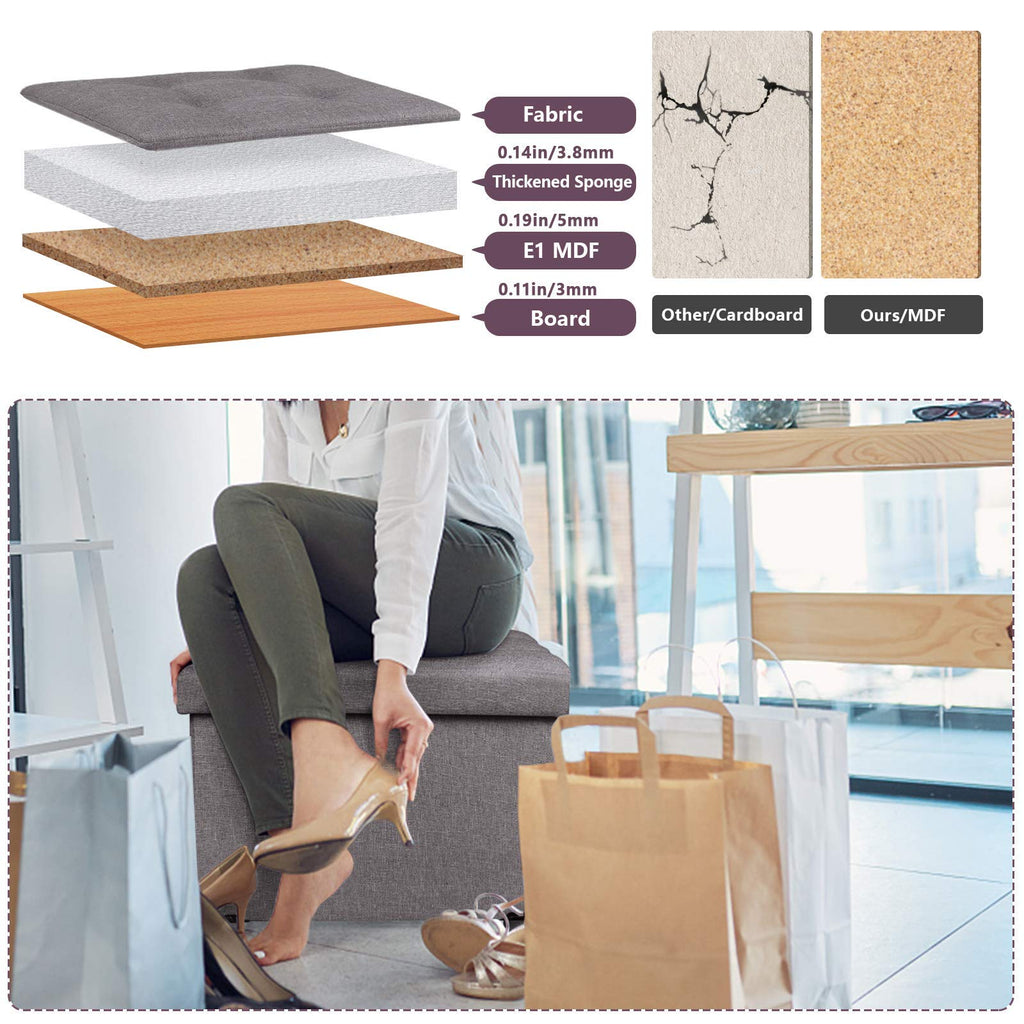 BRIAN & DANY Folding Storage Ottoman | Linen Foot Stool with Wood Legs