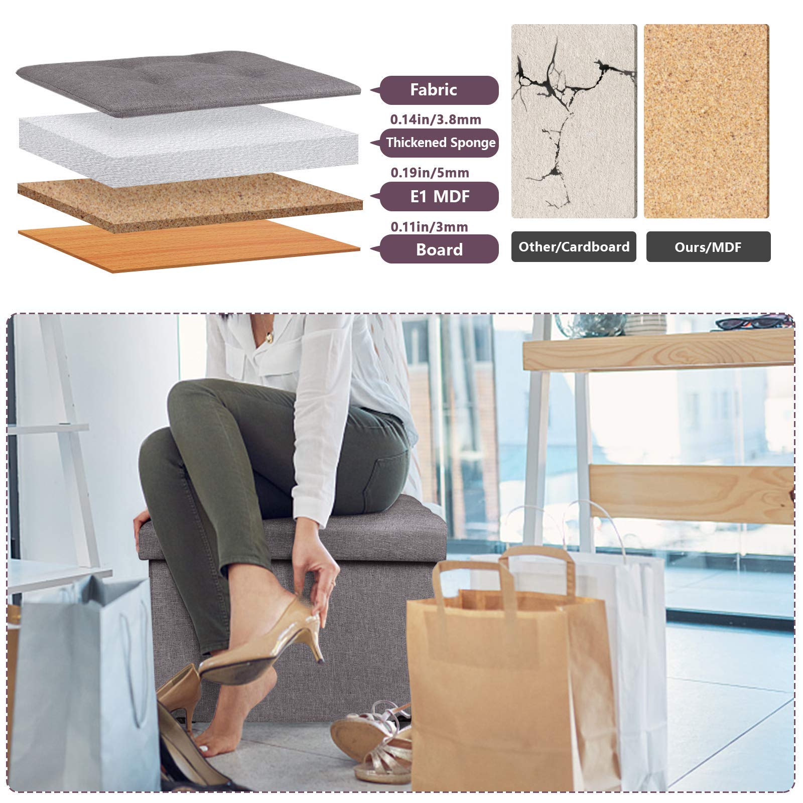 BRIAN & DANY Folding Storage Ottoman | Linen Foot Stool with Wood Legs