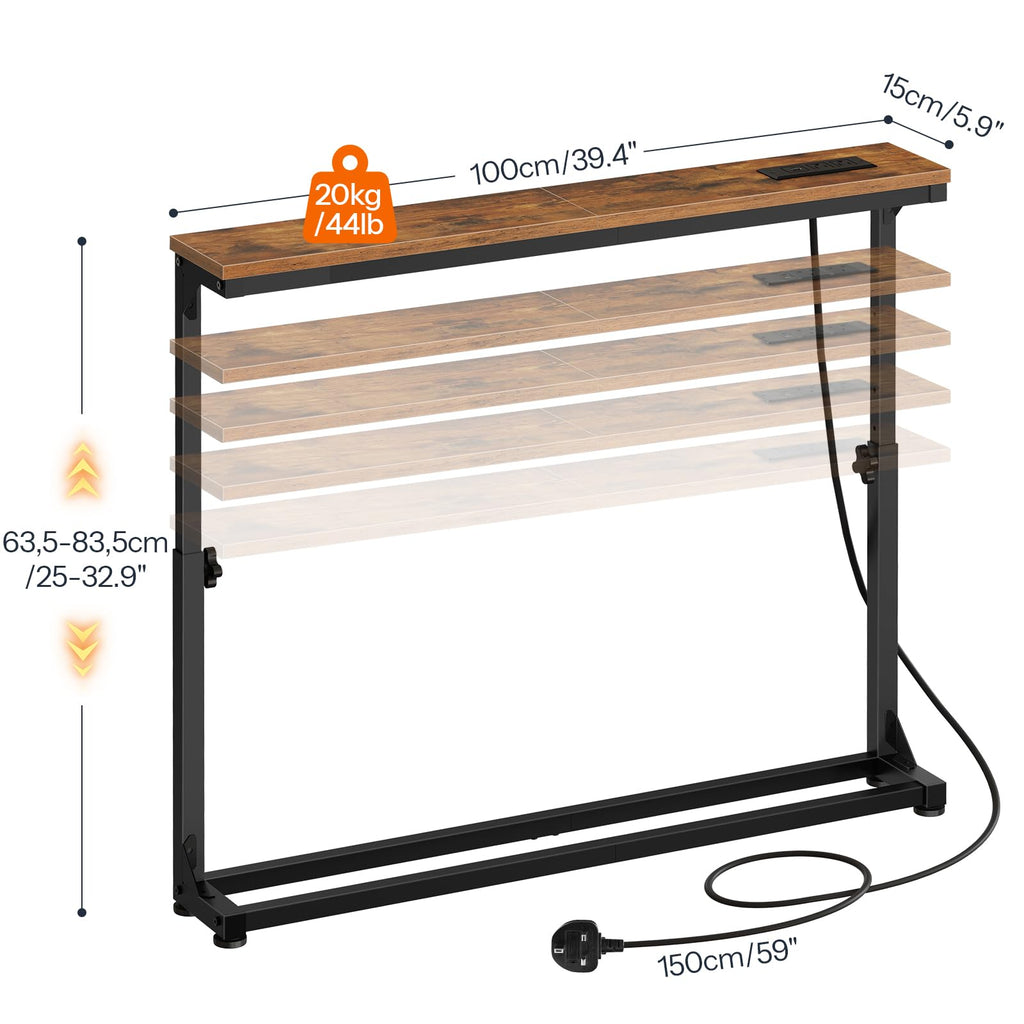 HOOBRO Slim Console Table with Adjustable Height 63.5-83.5 cm, Behind Sofe Table with Charging Station, 100 cm Narrow Console Table for Hallway
