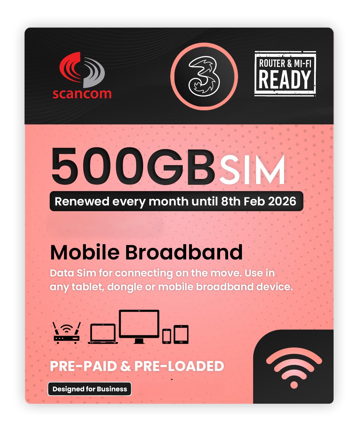 Three 500GB 5G Data SIM – Uncapped Monthly Preloaded Until 2026