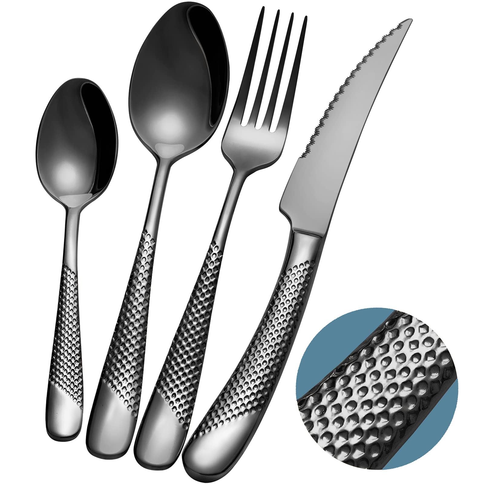 Xideman 24-Piece Black Hammered Cutlery Set | 18/10 Stainless Steel