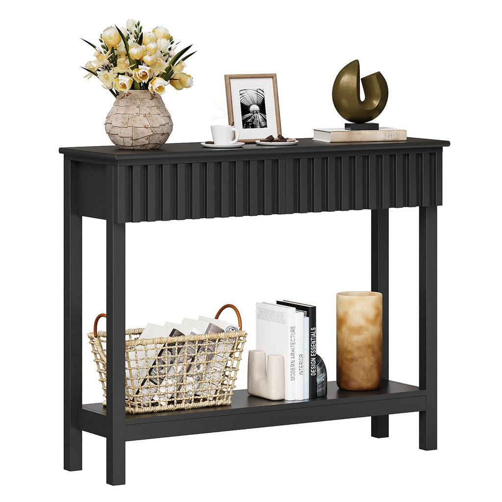 Trironsun Narrow Fluted Console Table with 2 Drawers and Open Shelf Modern Painted Wood Sofa Table for Hallway, Living Room or Behind Couch Black - image 1