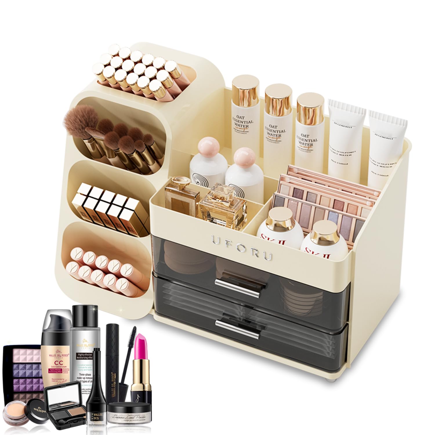 Alvar Makeup Organizer with Drawers – Cream Cosmetic Display Case