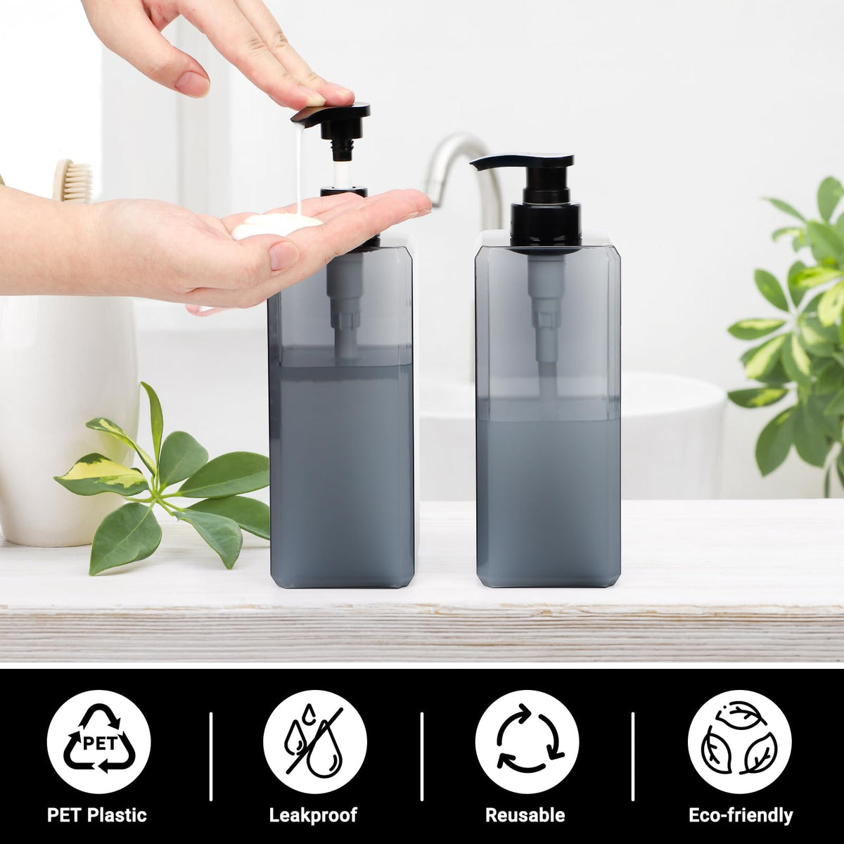 Segus Hand Wash Dispenser, 3 Pieces 800ml Grey Soap Dispenser, Refillable Shampoo Bottles with Pump, Bathroom Bottles with Labels, for Hotel, School - image 3
