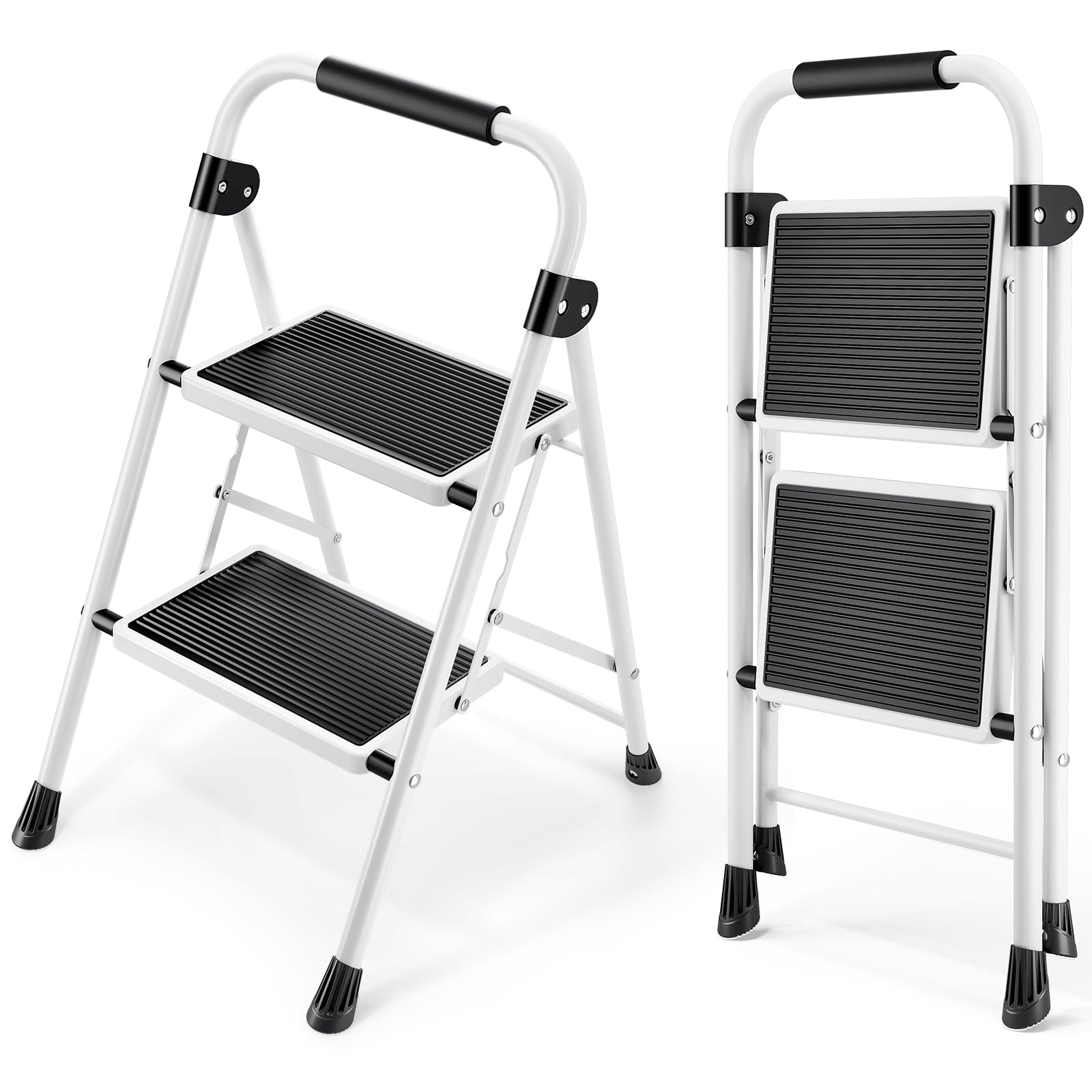 KINGRACK 2 Step Ladder – Portable Folding Steel Stool with Handle, White