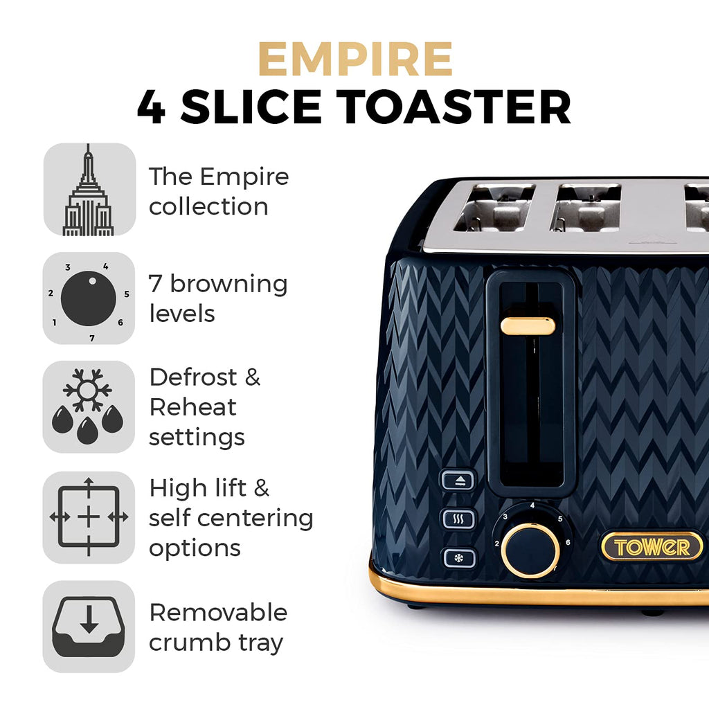 Tower Empire 4-Slice Toaster | 1600W Midnight Blue and Brass