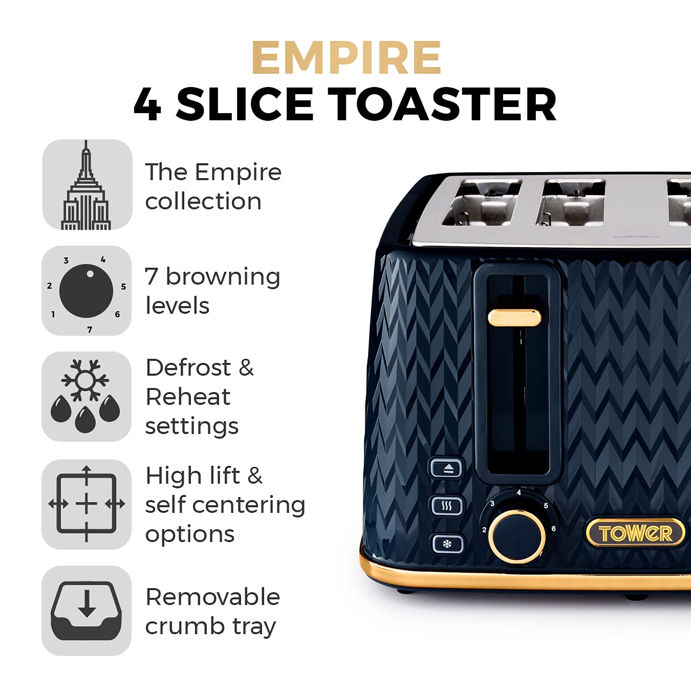 Tower Empire 4-Slice Toaster | 1600W Midnight Blue and Brass