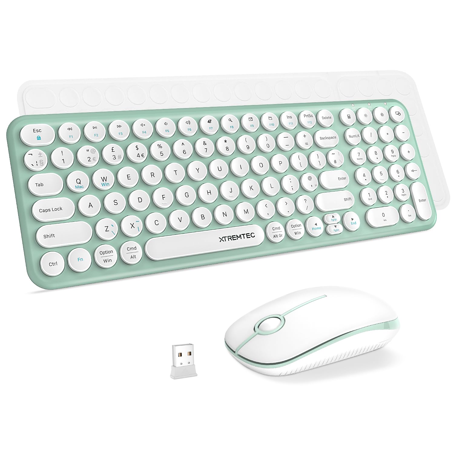 XTREMTEC Wireless Keyboard and Mouse Set – Retro Round Keys, Macaron Green