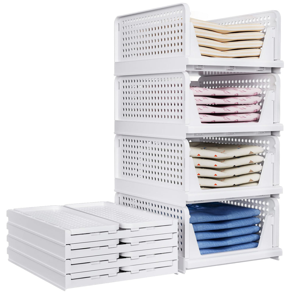 TidyIsles 8 Pack Stackable Closet Storage Baskets – White Plastic Bins