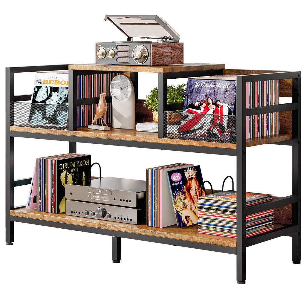 Forthcan Record Player Stand, Vinyl Record Storage with 4 Dividers, Brown - image 1