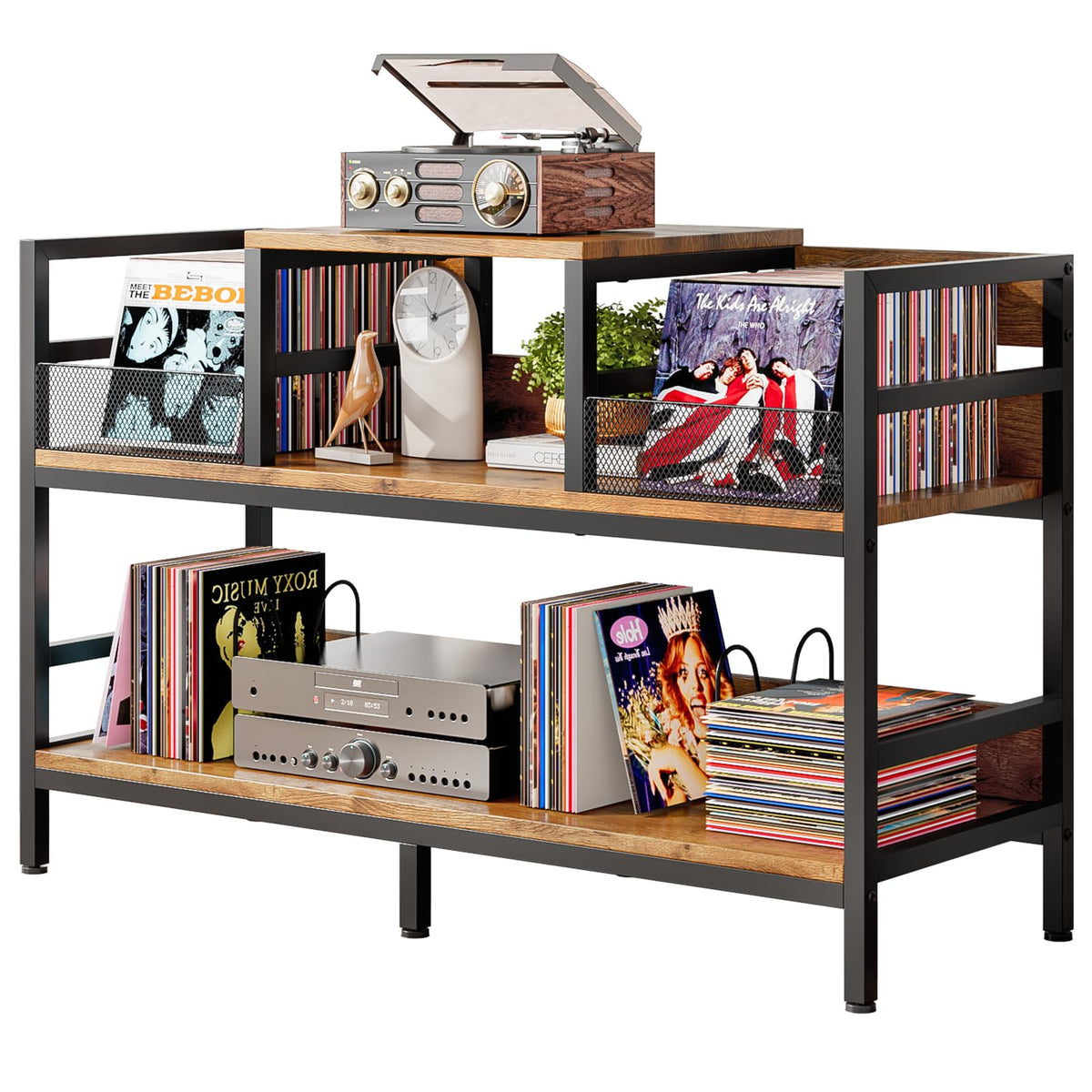 Forthcan Record Player Stand, Vinyl Record Storage with 4 Dividers, Brown - image 1