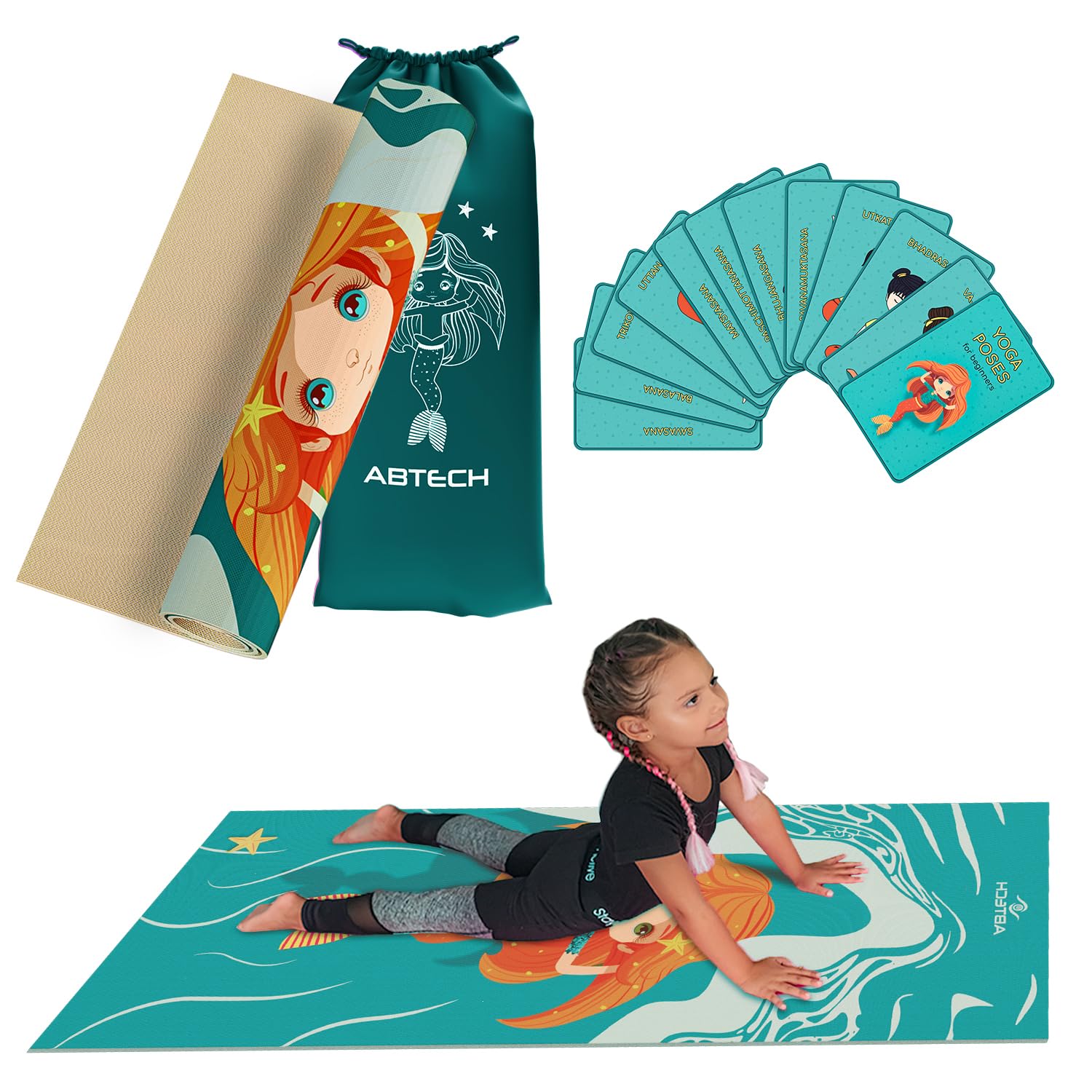 ABTECH Kids Yoga Mat Set with 12 Yoga Cards – Non-Toxic Unicorn Design