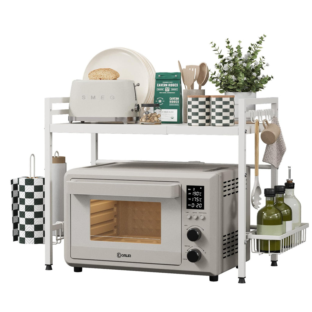 NETEL Expandable Microwave Shelf | 2-Tier Carbon Steel Kitchen Stand, White