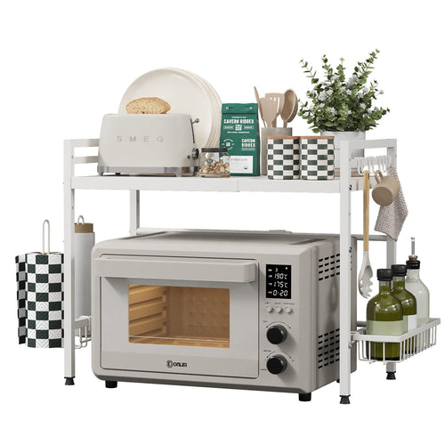 NETEL Expandable Microwave Shelf | 2-Tier Carbon Steel Kitchen Stand, White