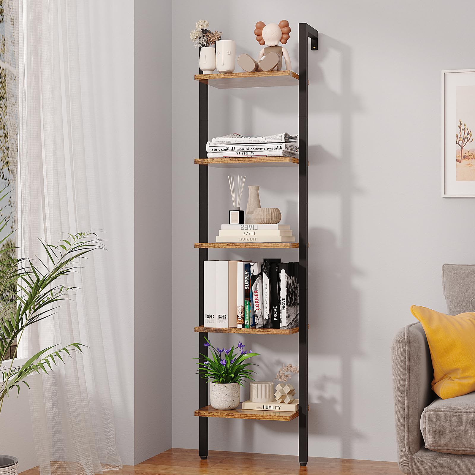 YMYNY 5-Tier Wall Mounted Ladder Shelf – Industrial Metal Bookcase Rack