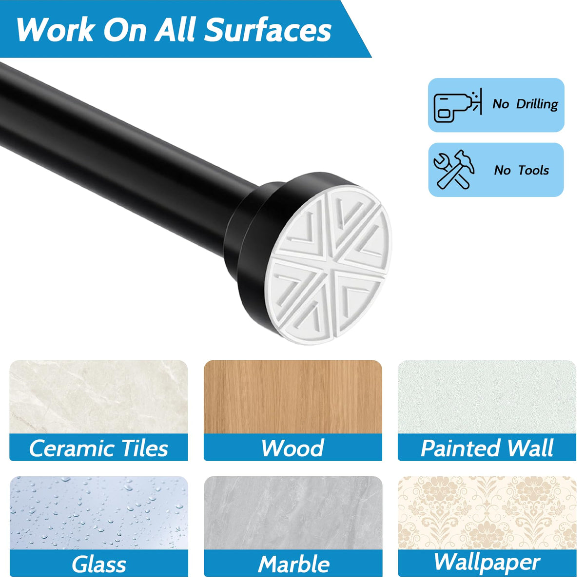 Shower Curtain Pole Extendable Tension Rod No Drill Curtain Pole Shower Curtain Rail Extendable Pole for Bathroom, Window, Door, Closet