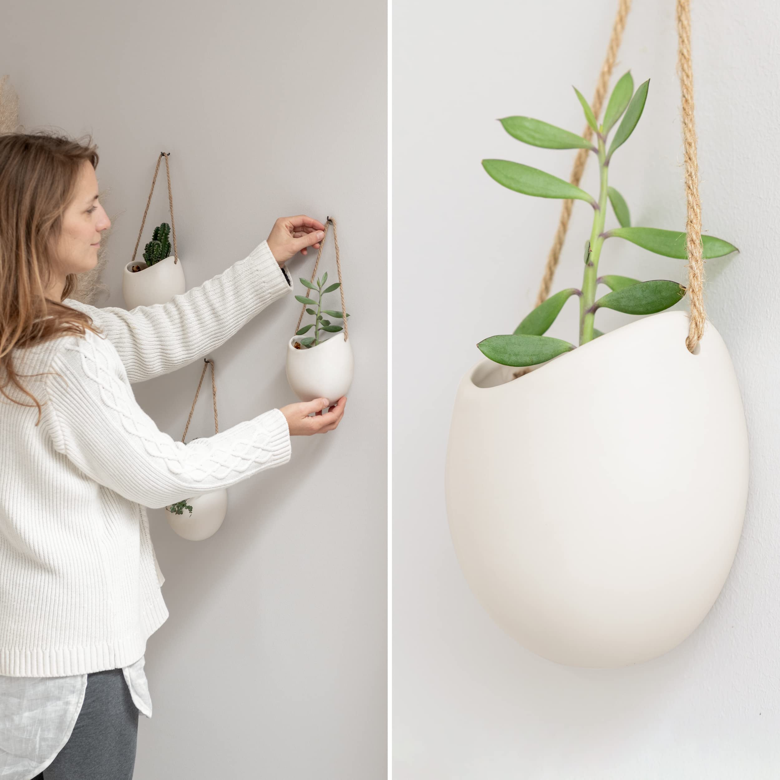 Kazai Ellie Hanging Ceramic Wall Planters – 3 Piece Indoor Garden Set, Cream