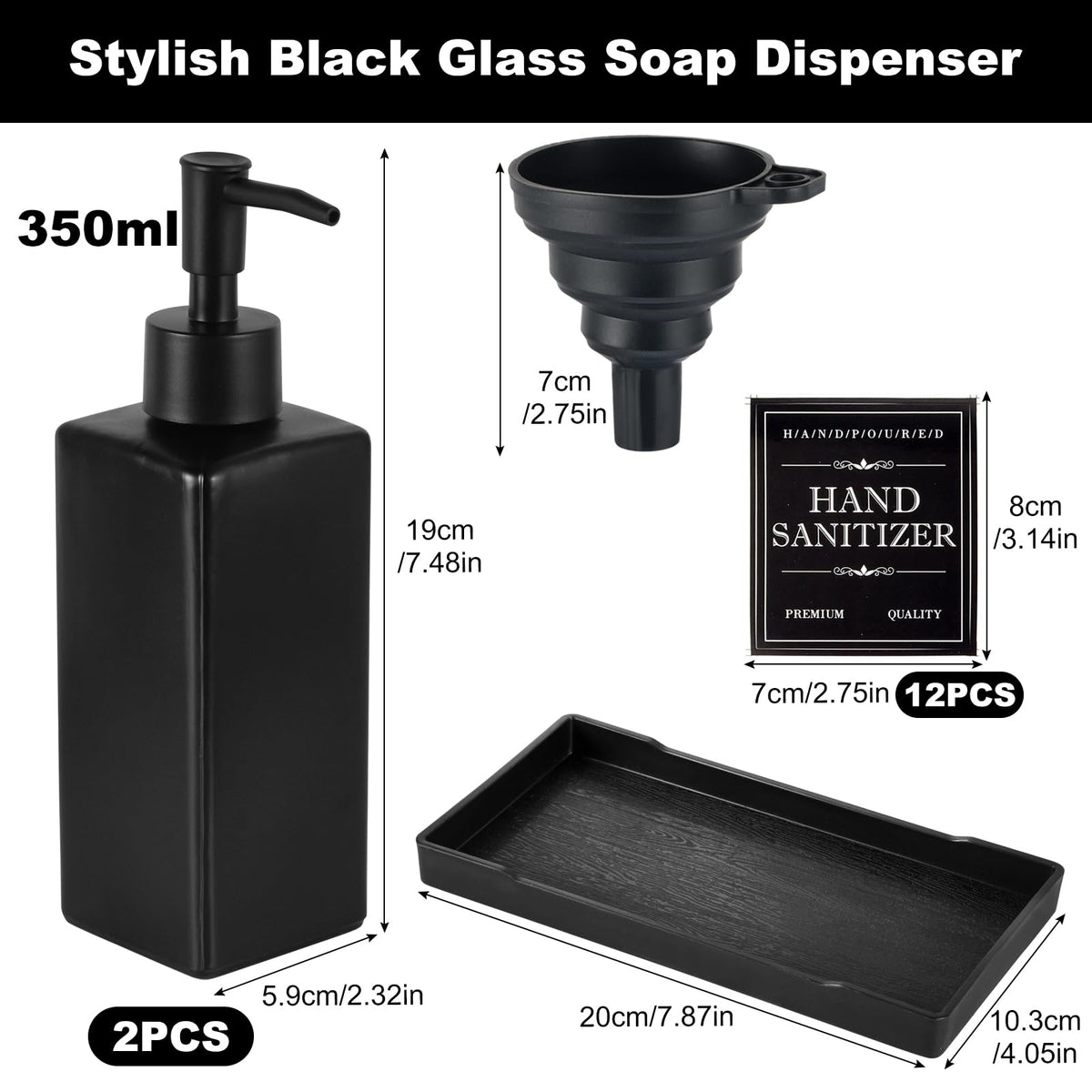 MirraSwit Black Glass Soap Dispenser with Tray, 350ML Square - image 2