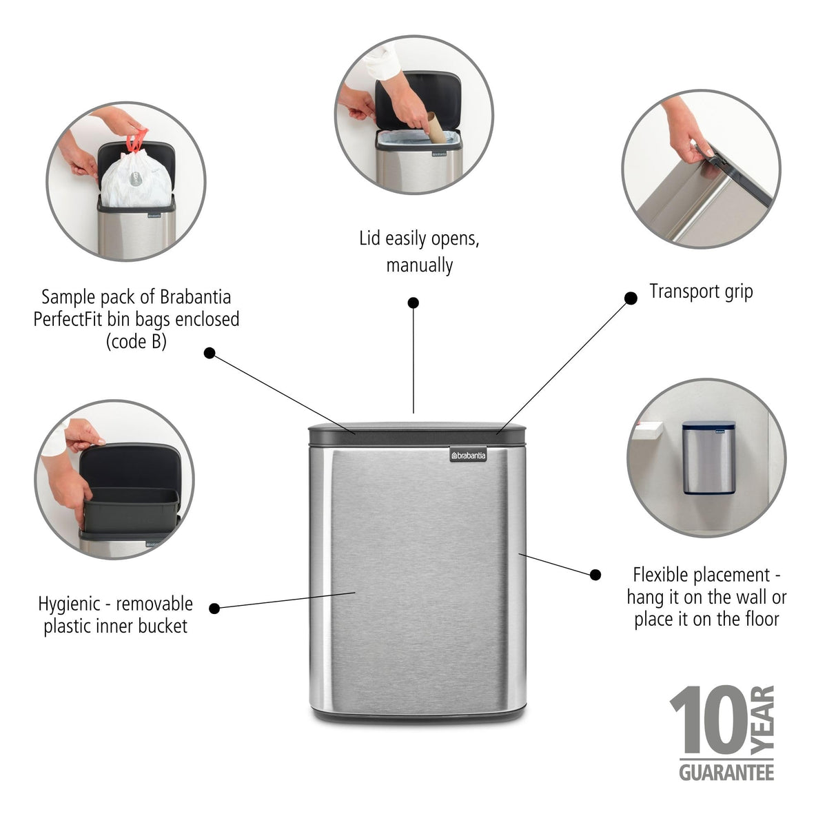 Brabantia - Bo Waste Bin 7L - Small & Stylish Rubbish Bin - Easy Open and Soft Closing Lid - Hygienic & Space Efficient - Wall Mountable - image 2