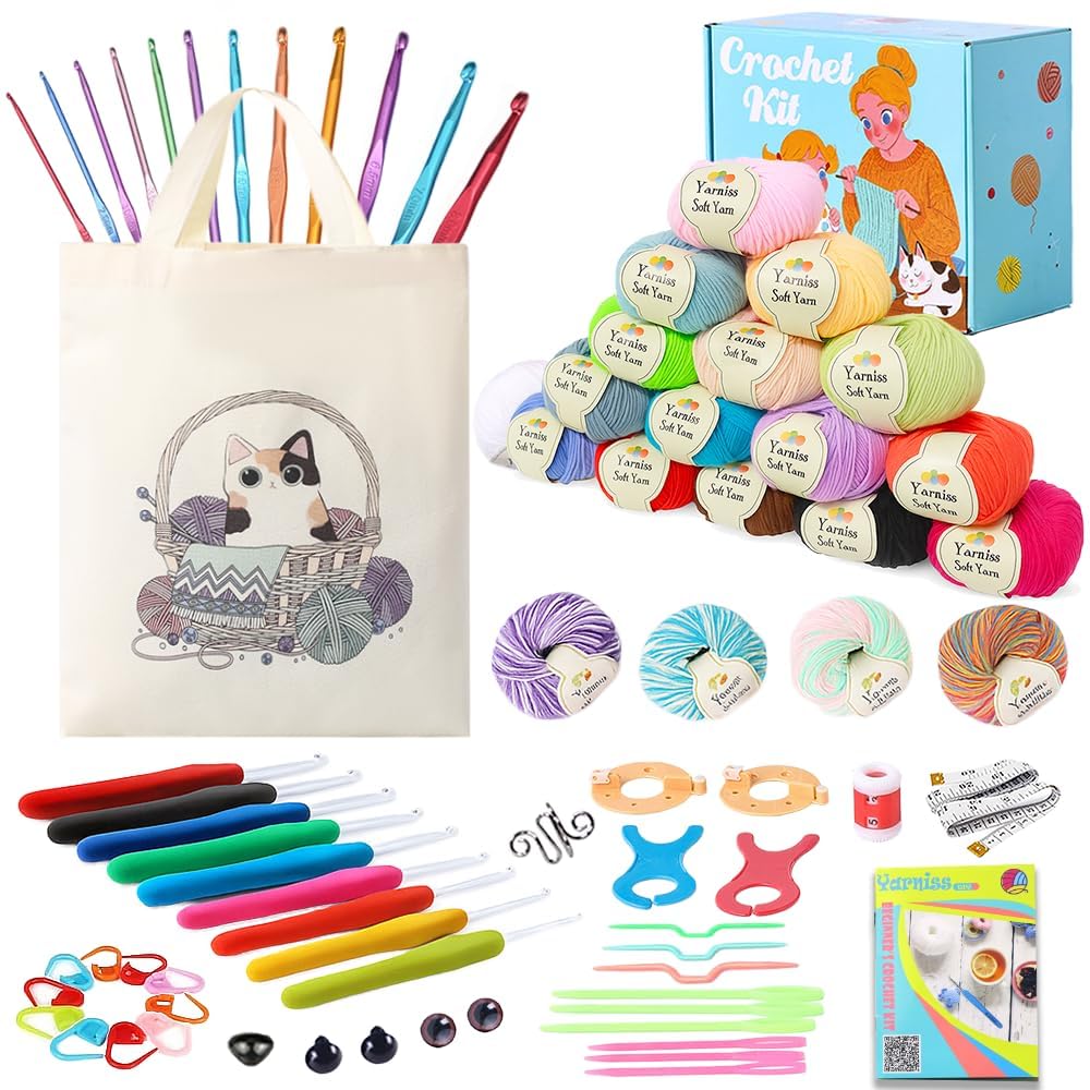 Knitiss Beginners Crochet Kit | 21 Hooks & 1132 Yards Yarn with Case