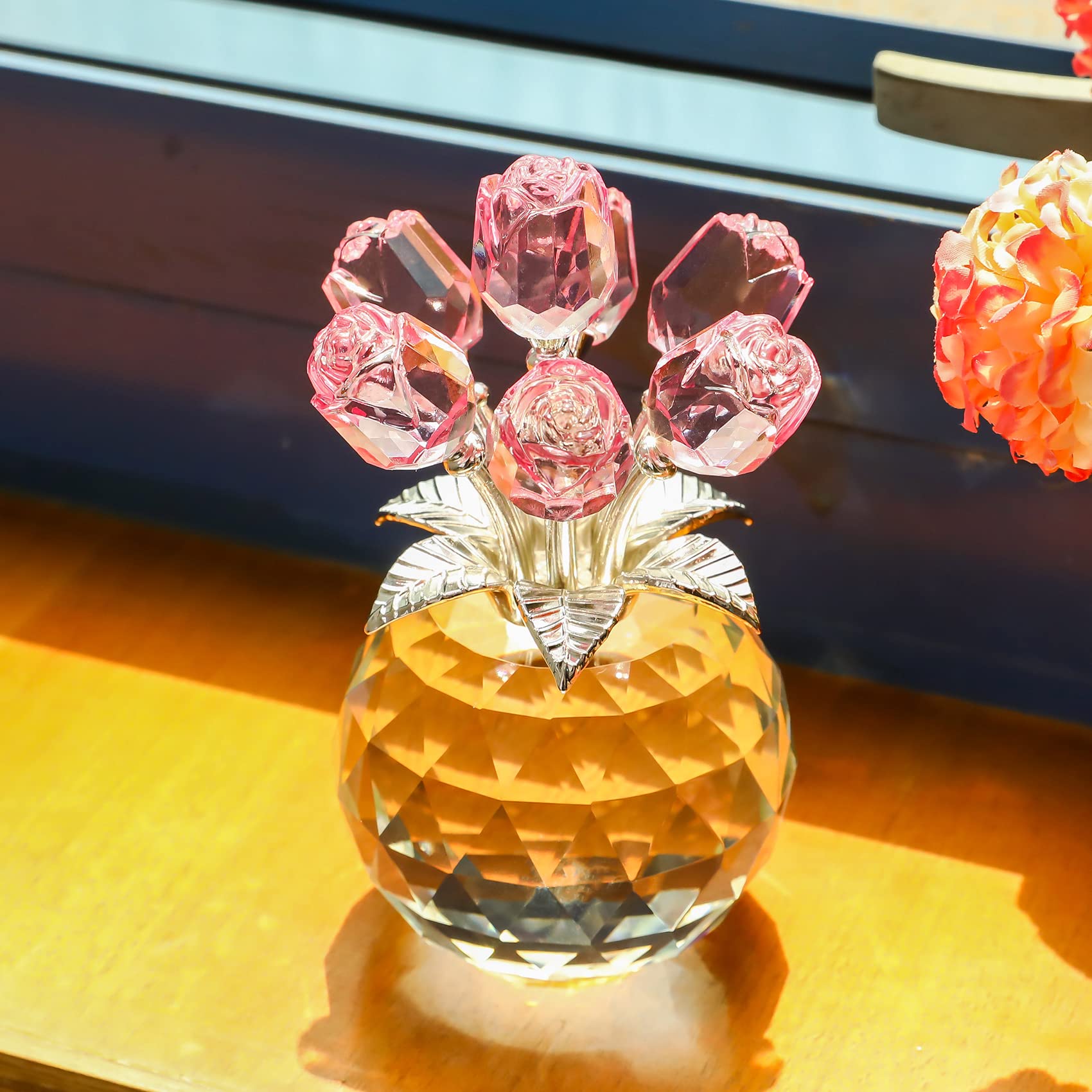Crystal Pink Rose Bouquet Figurine with Round Glass Vase