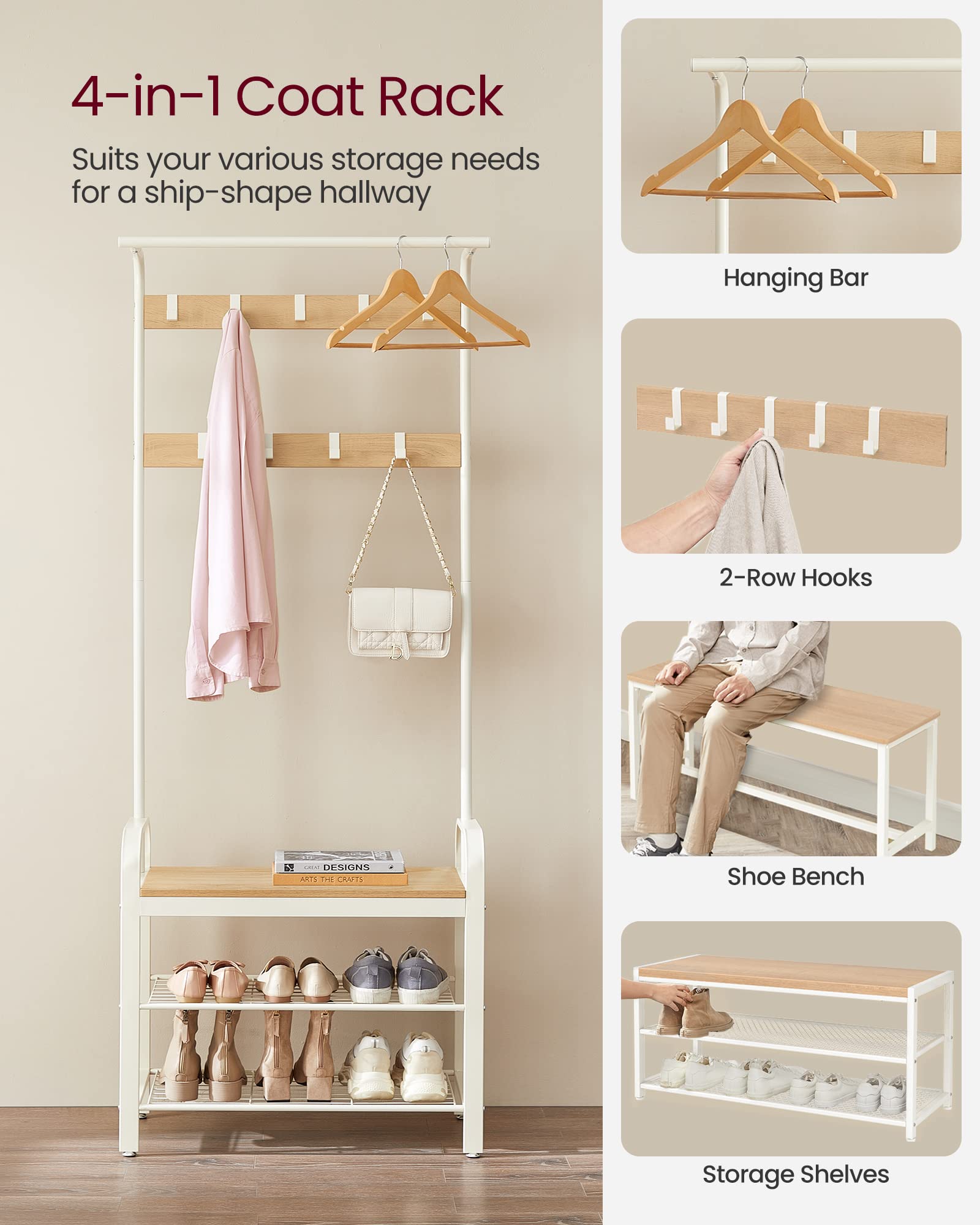 VASAGLE 4-in-1 Coat Rack with Shoe Storage Bench and 9 Hooks – Industrial