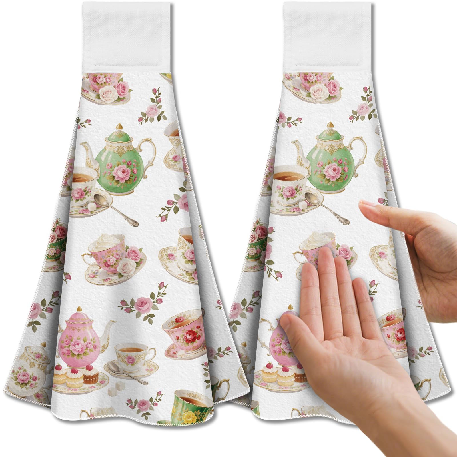 CUTHOLLOW Retro Teacup Microfiber Kitchen Hanging Towels – Set of 2