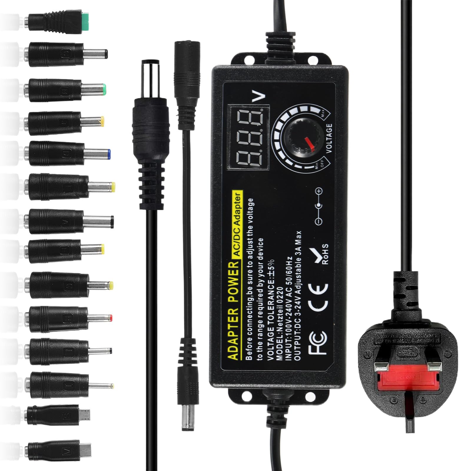 QESSUVNC Universal Power Adapter | 72W Adjustable DC 3V-24V with 14 Plugs