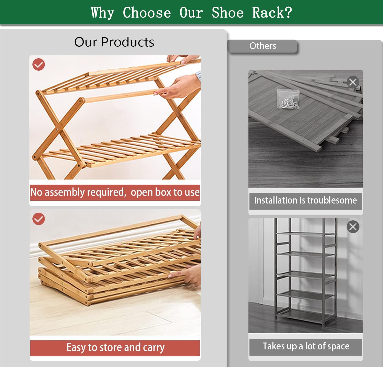Glsety 5-Tier Bamboo Shoe Rack – Foldable No-Assembly Storage Organizer