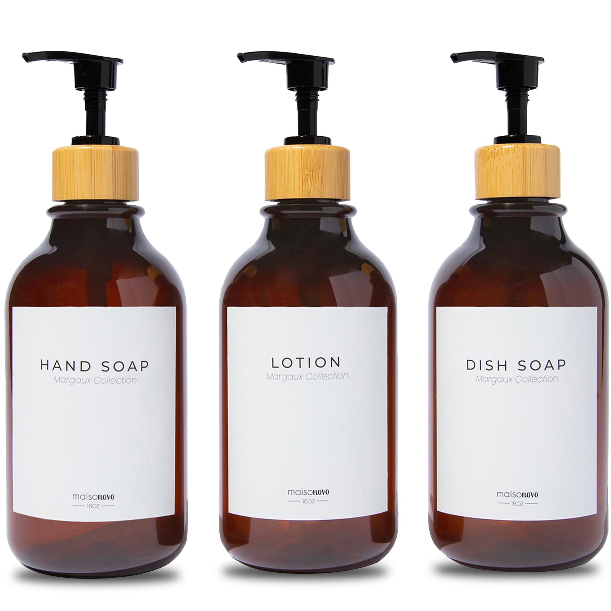 MaisoNovo Refillable Shampoo Bottles | Set of 3 Amber Plastic with Bamboo Pumps